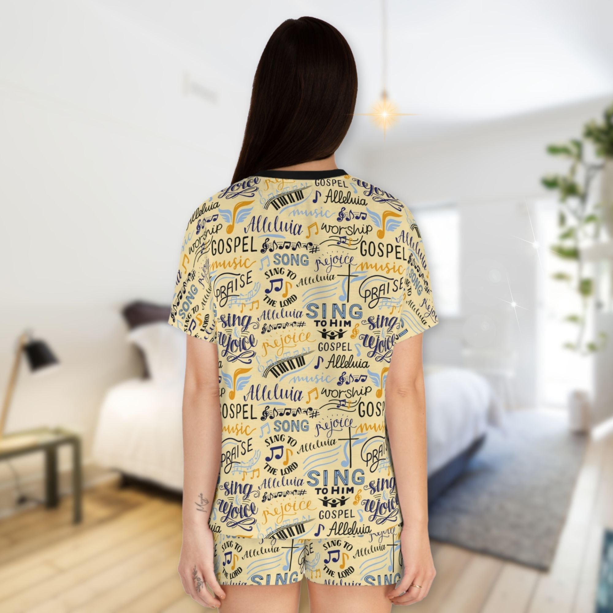 Sing To Him Alleluia Women's Yellow Short Pajama Set - Matching Lounge / Pajama Pants and Indoor Slippers Available - Jesus Passion Apparel