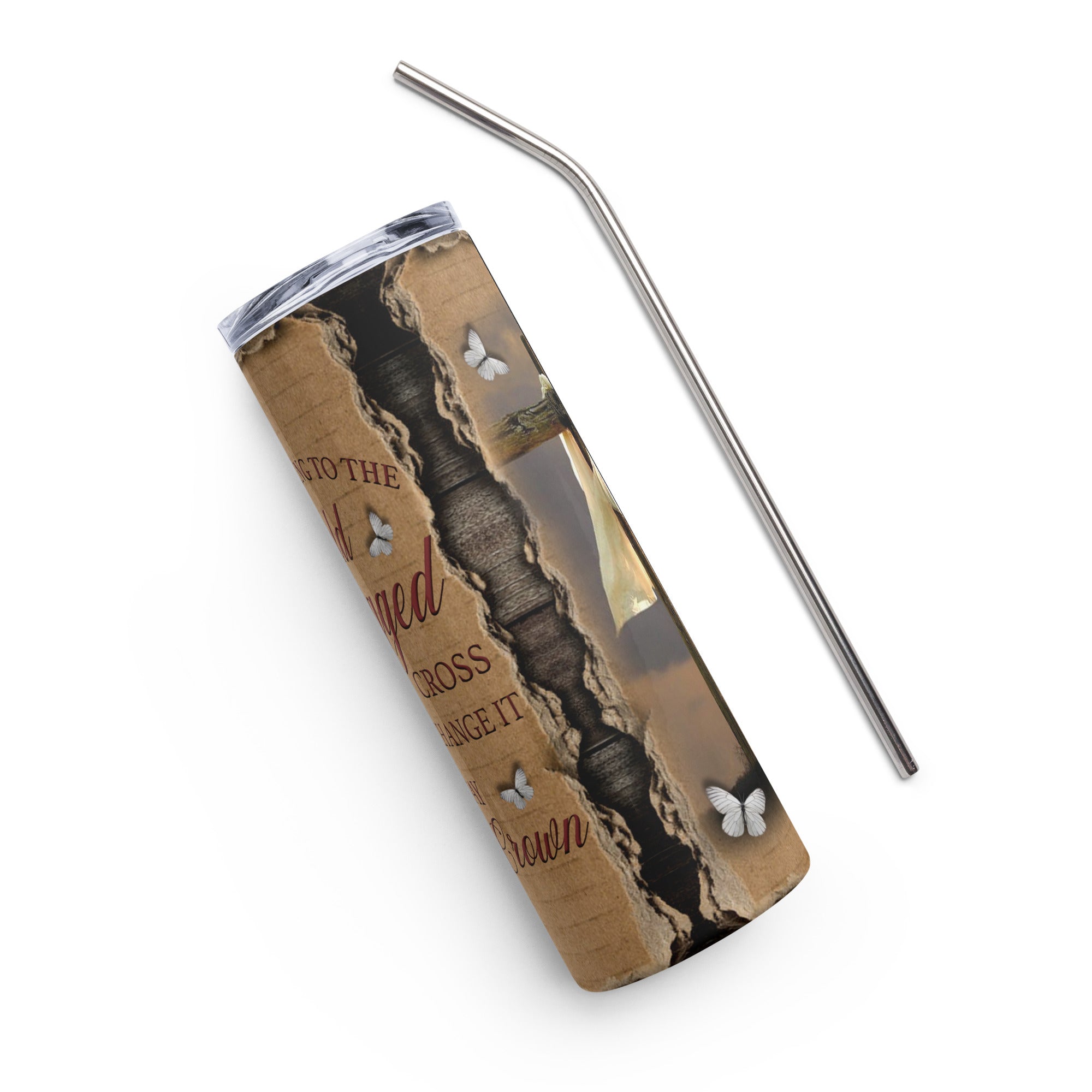 Old Rugged Cross Tumbler 20 oz with reusable Stainless Steel Straw Jesus Passion Apparel