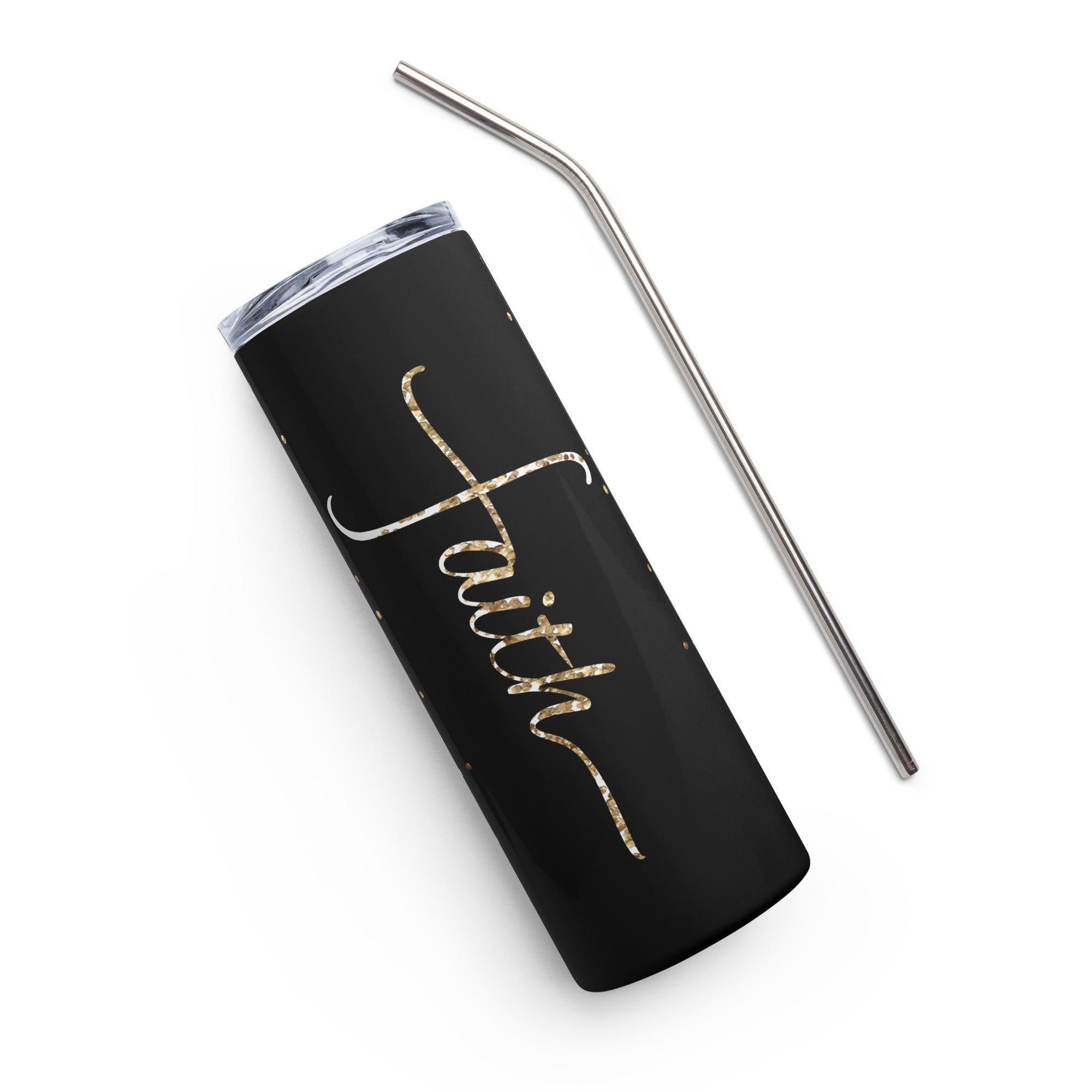 Faith Gold Glitter Tumbler 20 oz with reusable Stainless Steel Straw Jesus Passion Apparel