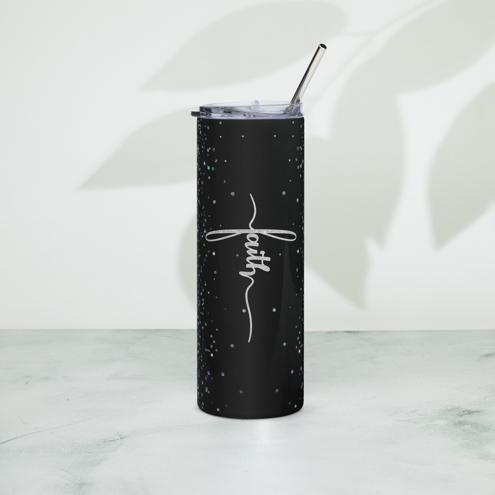 Faith Silver Black Glitter Tumbler 20 oz with reusable Stainless Steel Straw Jesus Passion Apparel