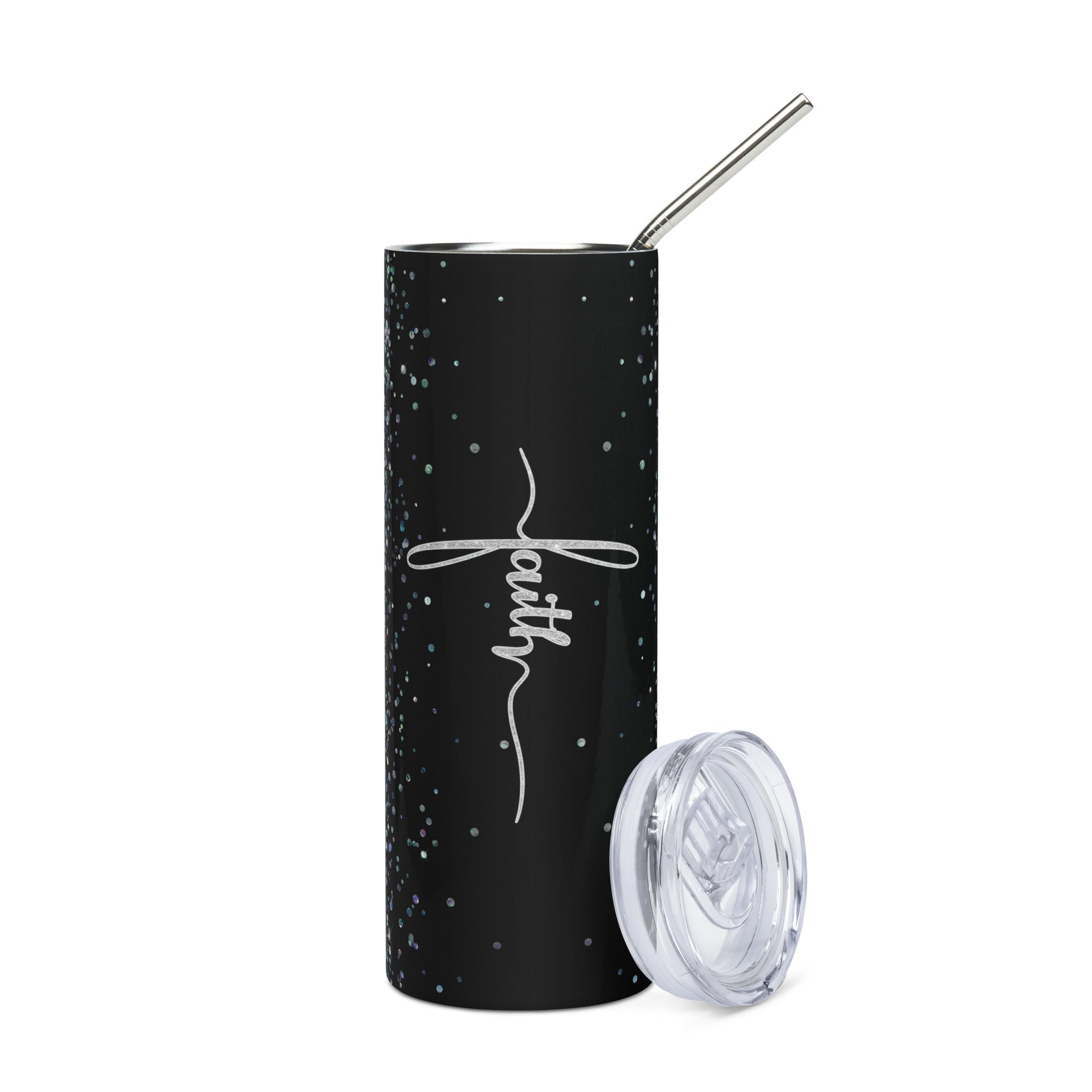 Faith Silver Black Glitter Tumbler 20 oz with reusable Stainless Steel Straw Jesus Passion Apparel