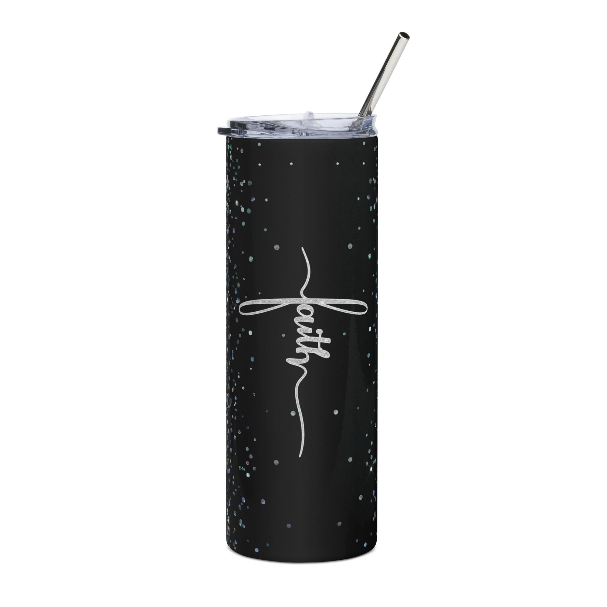 Faith Silver Black Glitter Tumbler 20 oz with reusable Stainless Steel Straw Jesus Passion Apparel