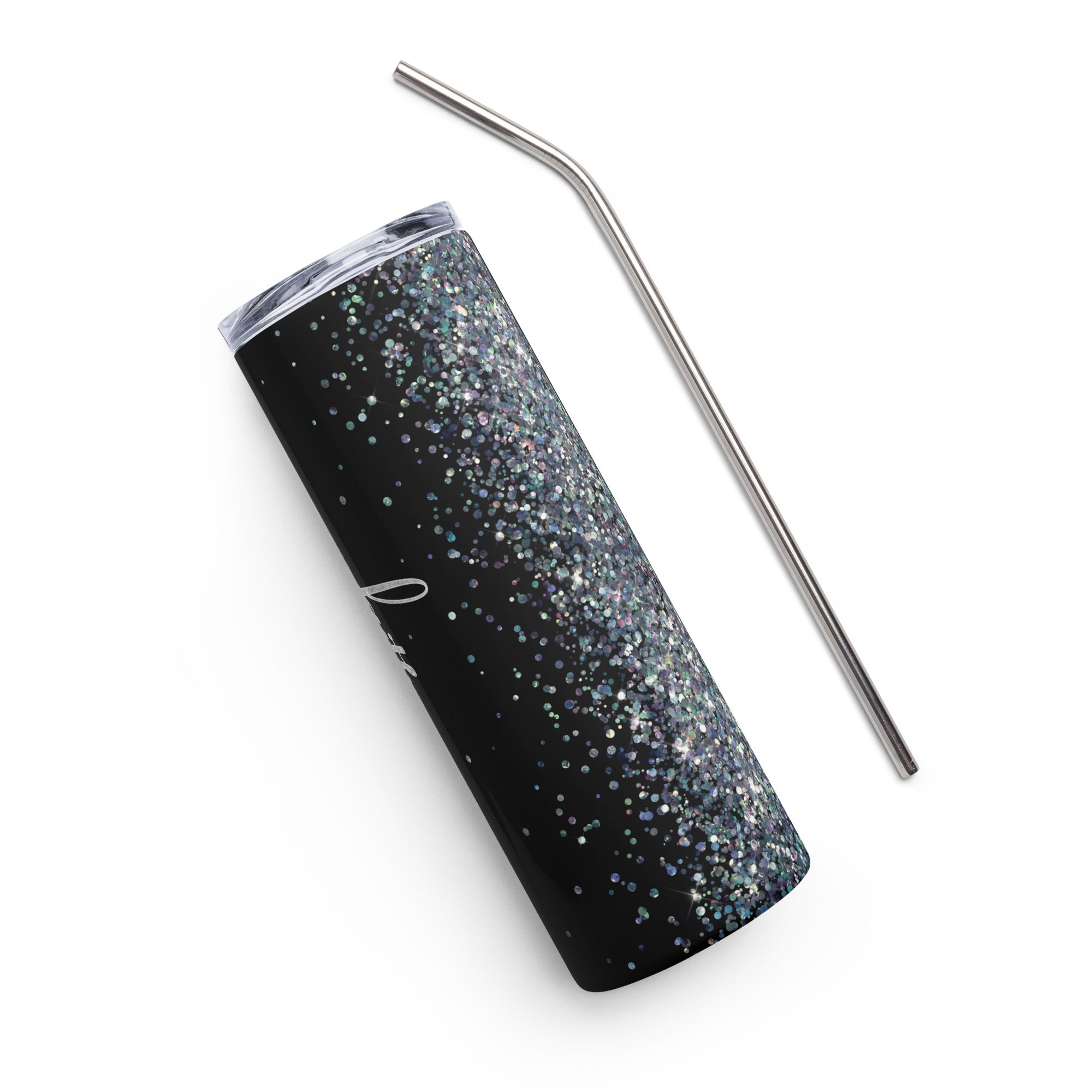 Faith Silver Black Glitter Tumbler 20 oz with reusable Stainless Steel Straw Jesus Passion Apparel