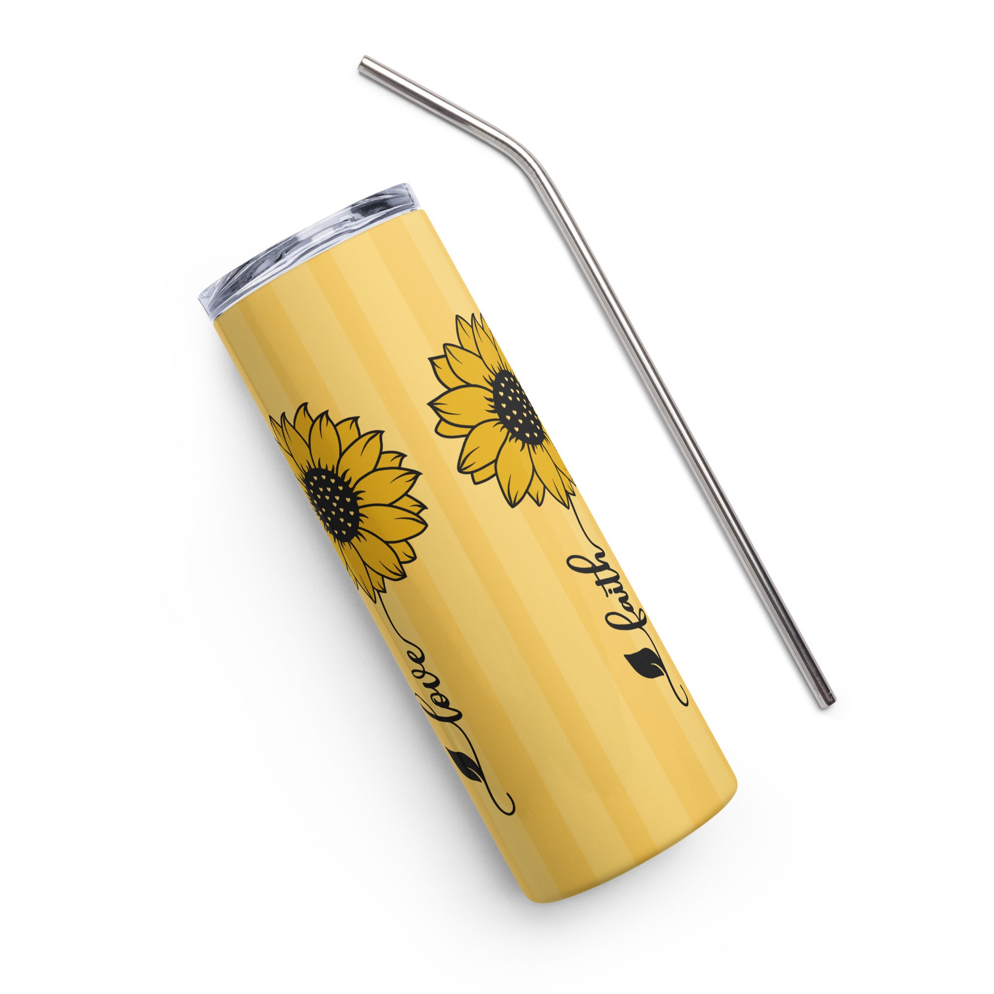 Faith Hope Love Sunflowers Tumbler 20 oz with reusable Stainless Steel Straw Jesus Passion Apparel