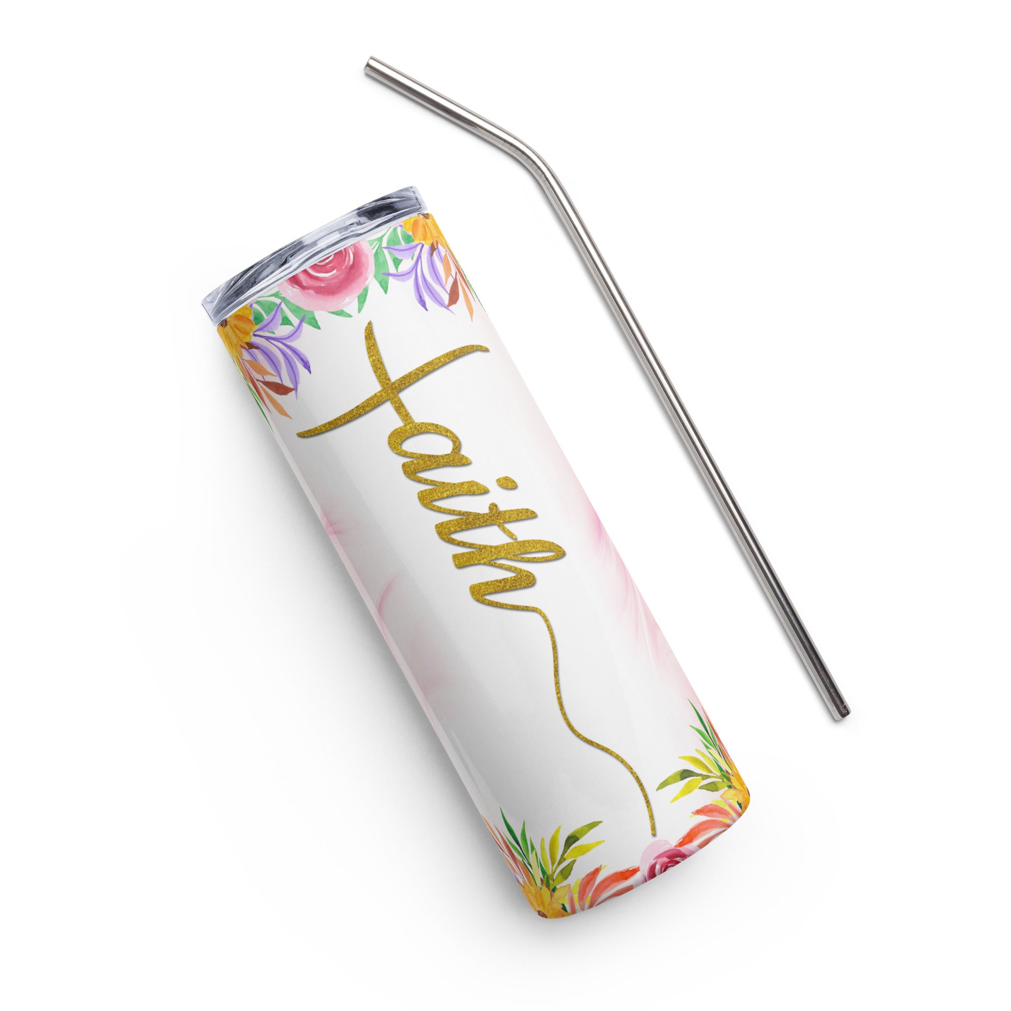 Faith Gold Pink Flowers Tumbler 20 oz with reusable Stainless Steel Straw Jesus Passion Apparel