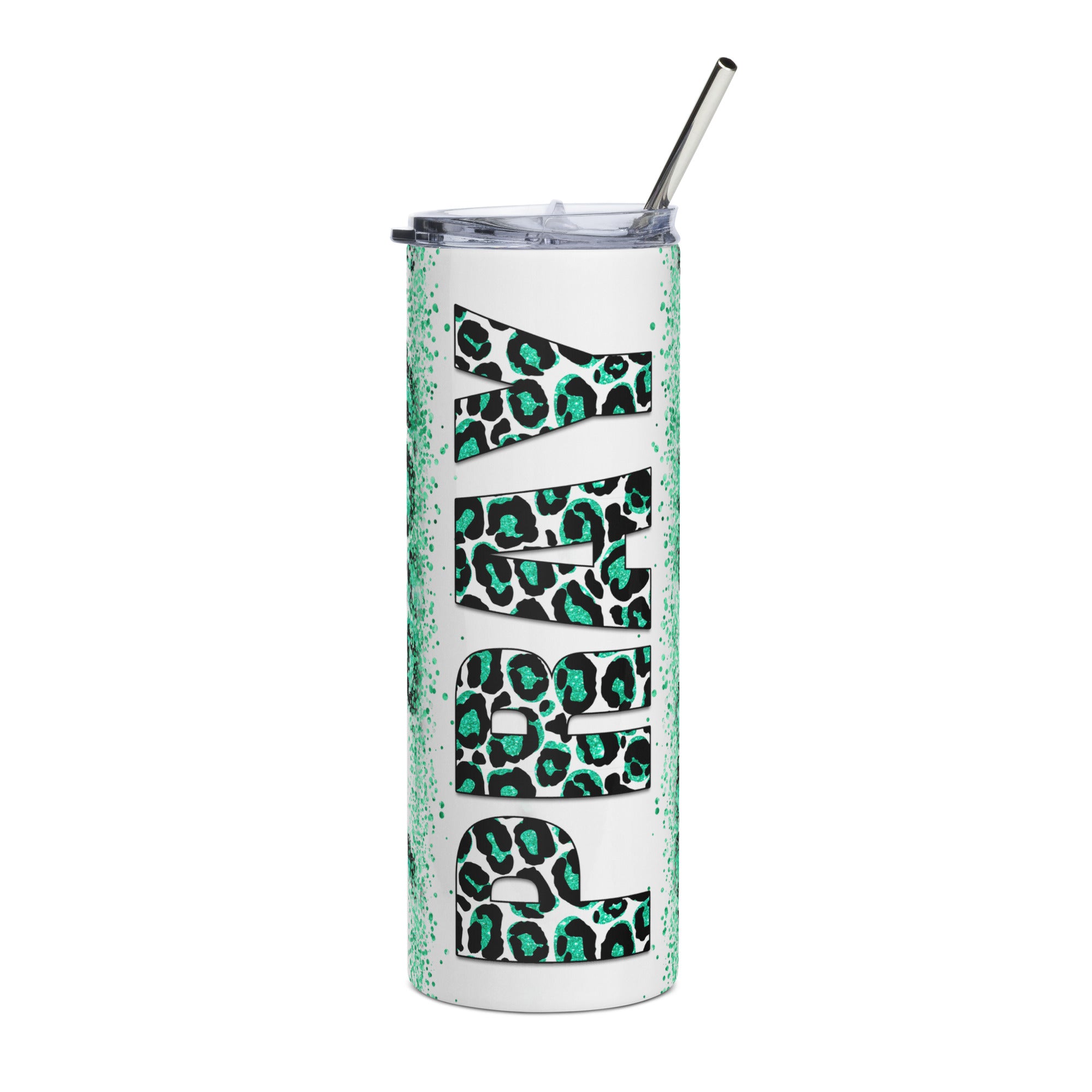 Green Pray Leopard Print Tumbler 20 oz with reusable Stainless Steel Straw Jesus Passion Apparel