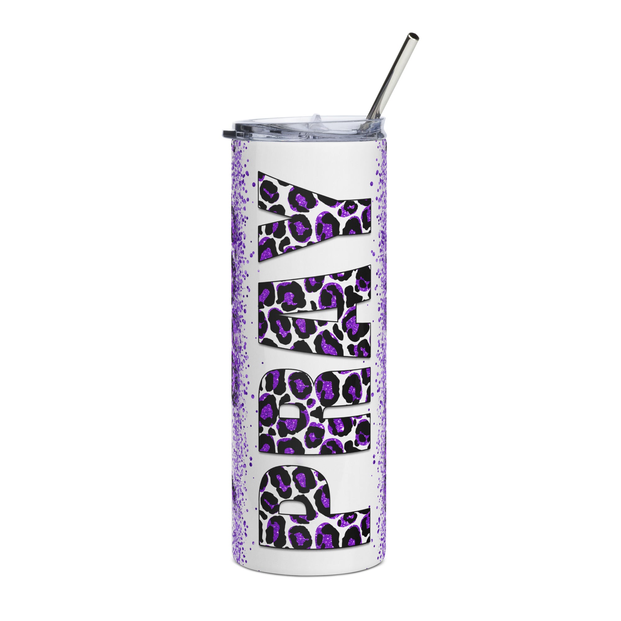 Purple Pray Leopard Print Tumbler 20 oz with reusable Stainless Steel Straw Jesus Passion Apparel