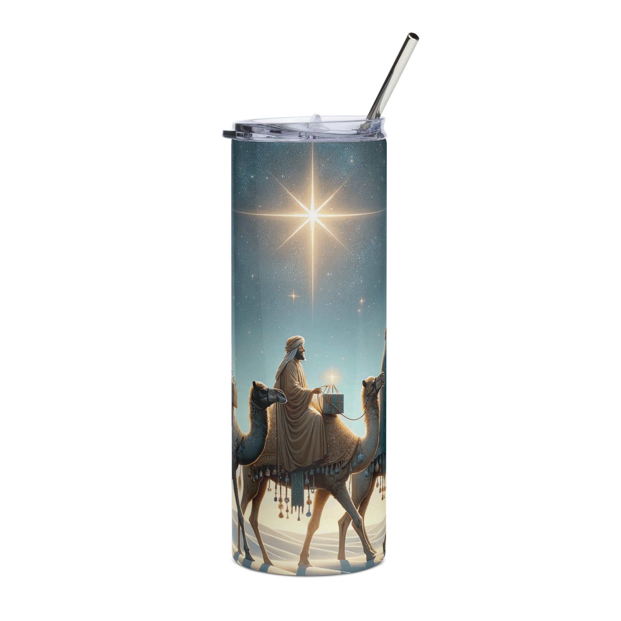 Three Wise Men 20 oz Christmas Tumbler with reusable Stainless Steel Straw Size: 20oz Color: White Jesus Passion Apparel