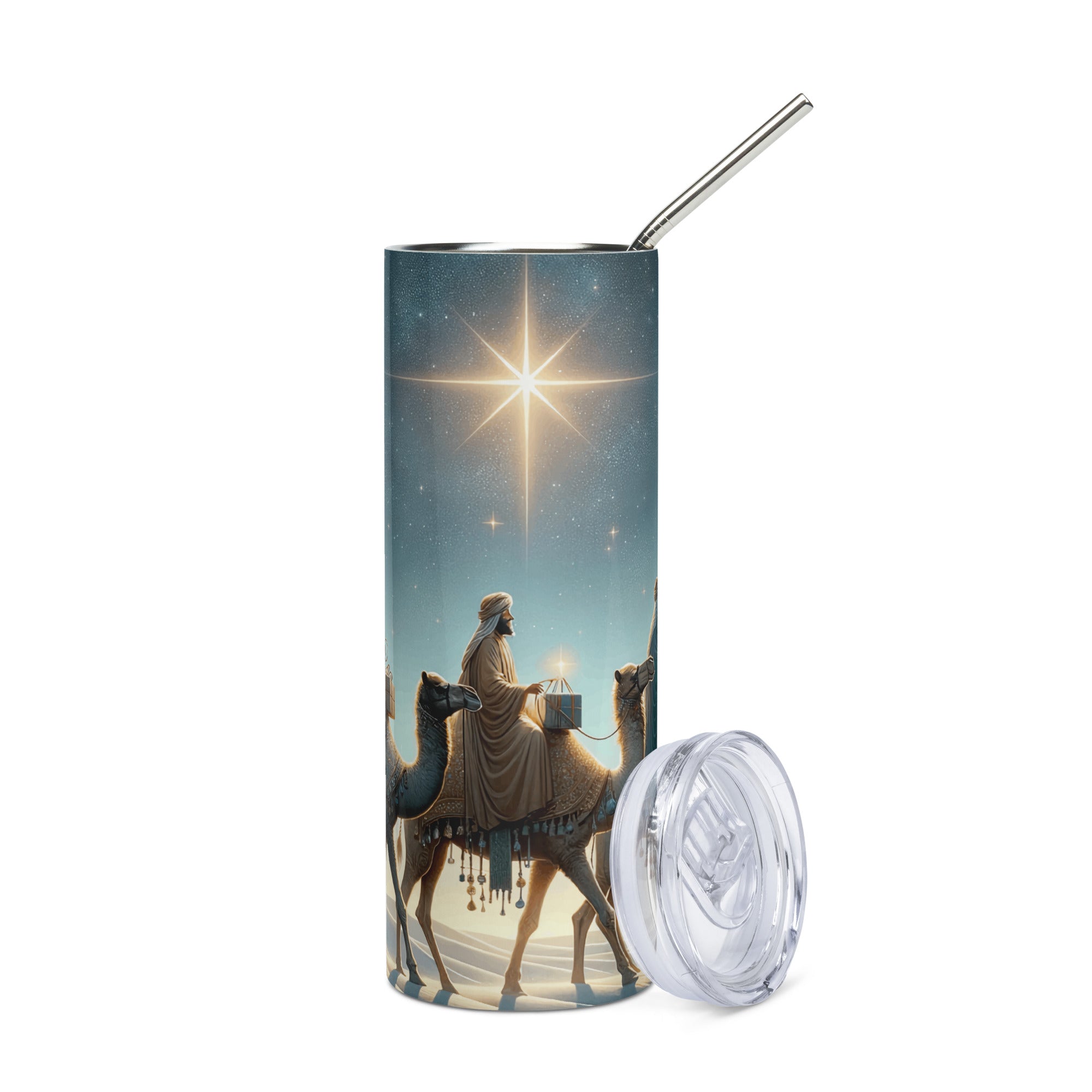 Three Wise Men 20 oz Christmas Tumbler with reusable Stainless Steel Straw Size: 20oz Color: White Jesus Passion Apparel