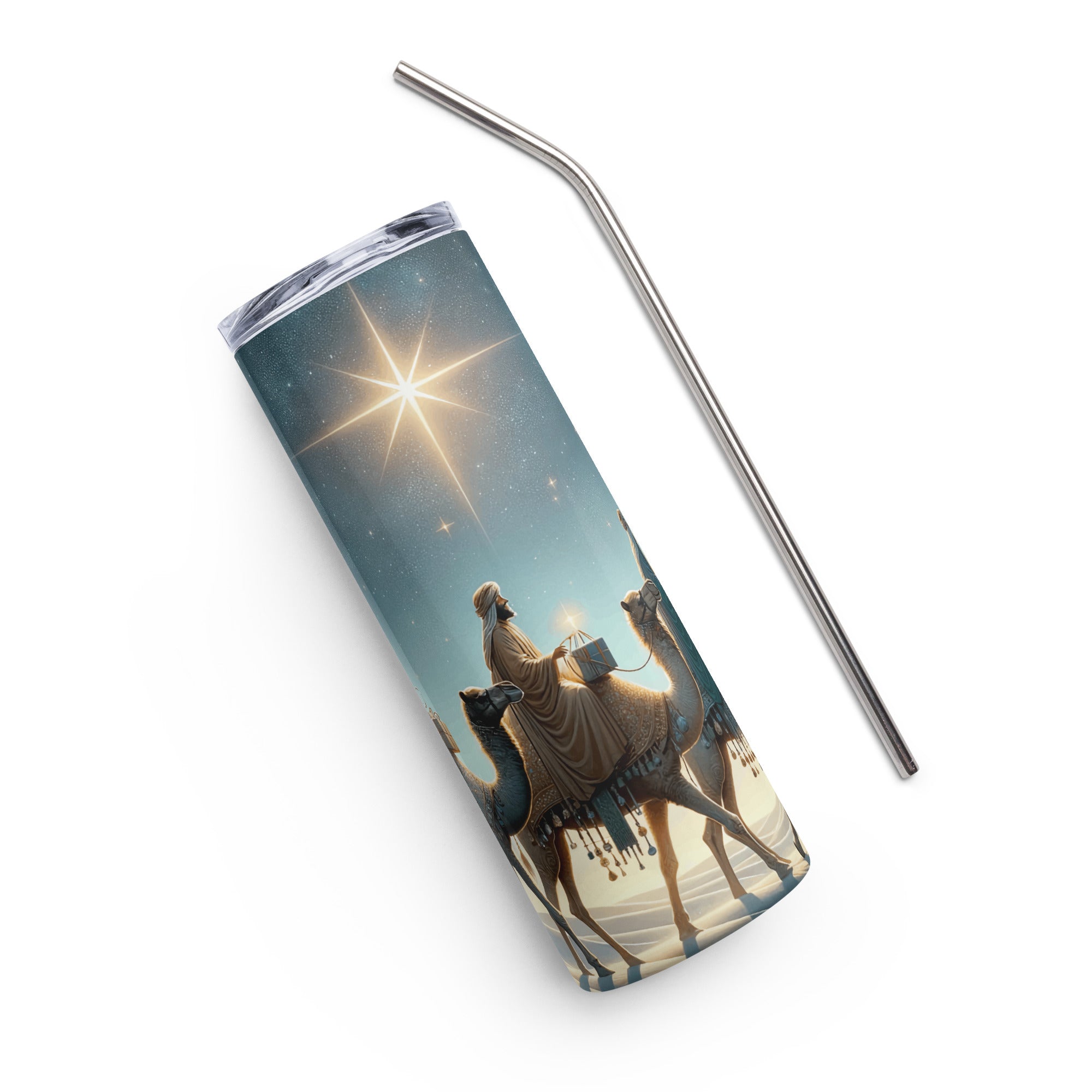 Three Wise Men 20 oz Christmas Tumbler with reusable Stainless Steel Straw Size: 20oz Color: White Jesus Passion Apparel