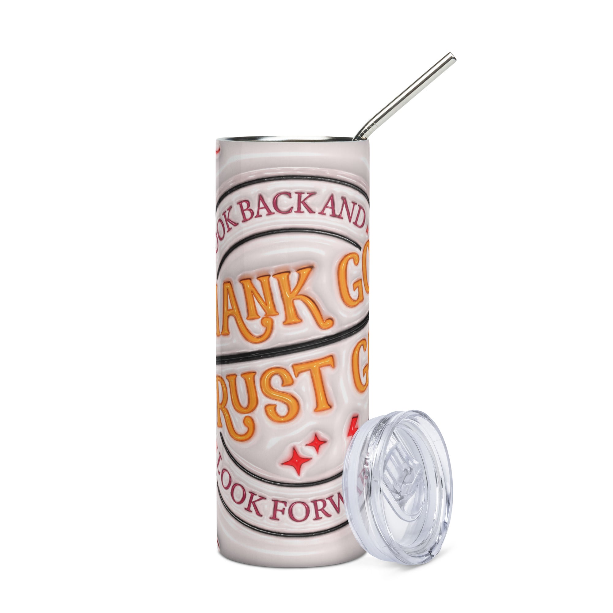 Thank God Trust God 3D 20 oz Tumbler with reusable Stainless Steel Straw Size: 20oz Color: White Jesus Passion Apparel