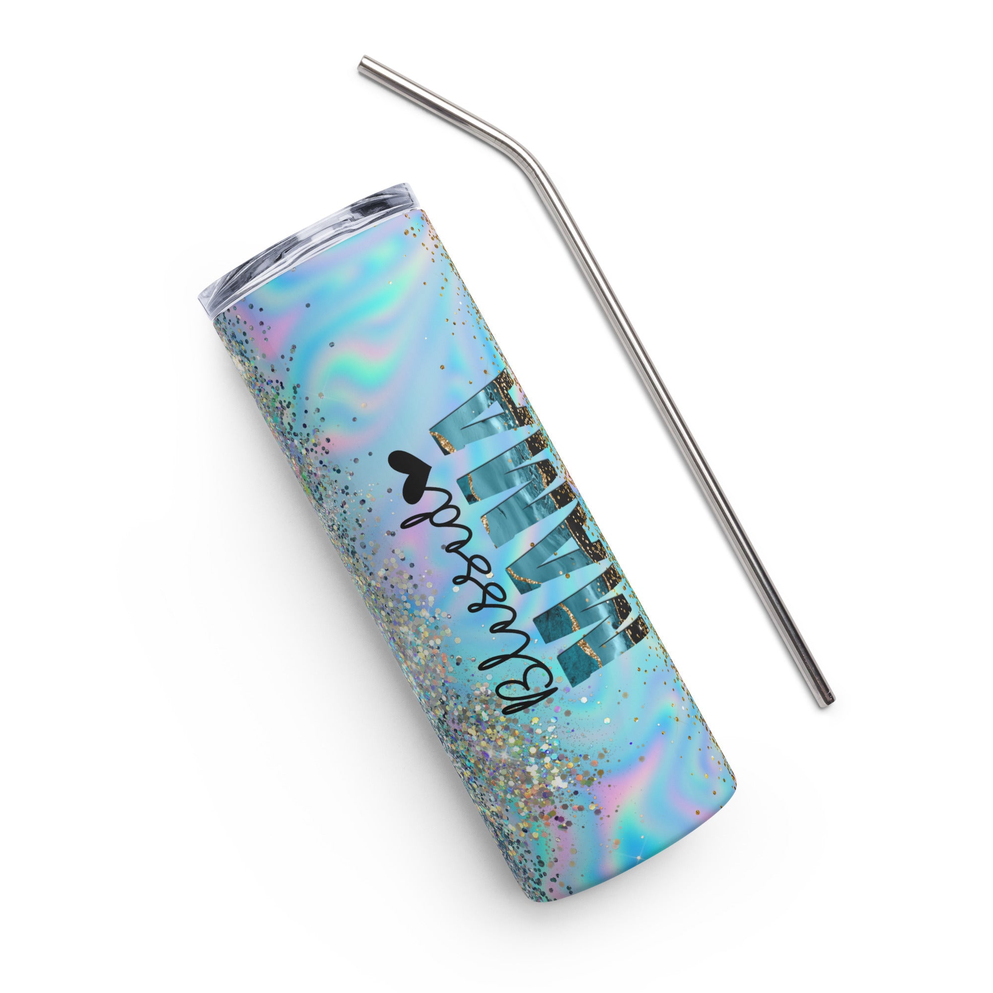 Blessed Mama Teal Gold Tumbler 20 oz with reusable Stainless Steel Straw Jesus Passion Apparel