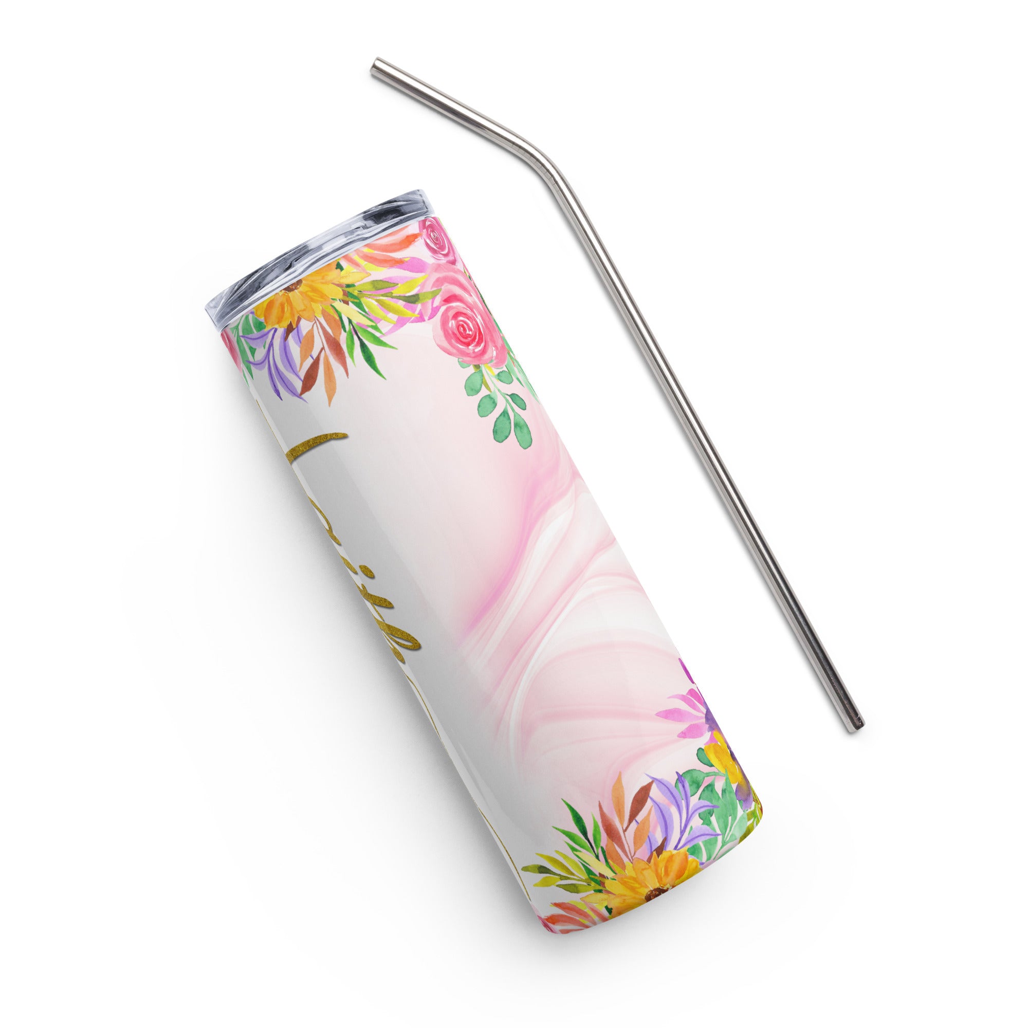 Faith Gold Pink Flowers Tumbler 20 oz with reusable Stainless Steel Straw Jesus Passion Apparel