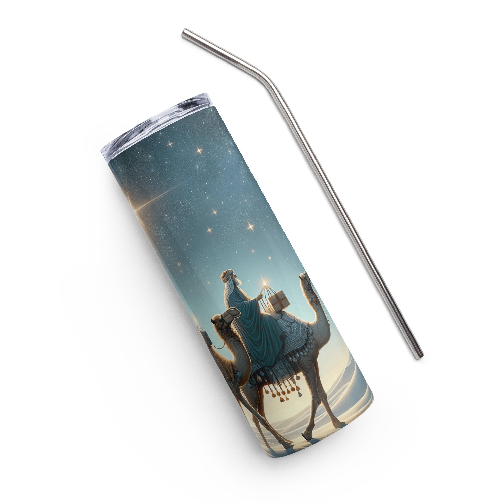 Three Wise Men 20 oz Christmas Tumbler with reusable Stainless Steel Straw Size: 20oz Color: White Jesus Passion Apparel