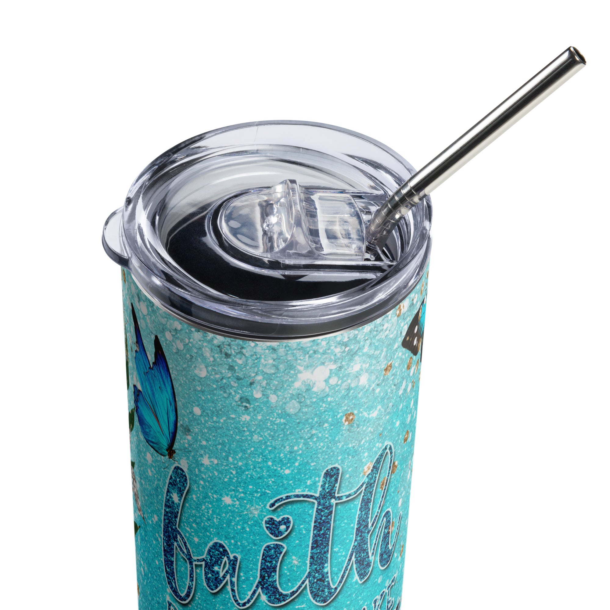 Faith Makes Things Possible Teal Tumbler 20 oz with reusable Stainless Steel Straw Jesus Passion Apparel