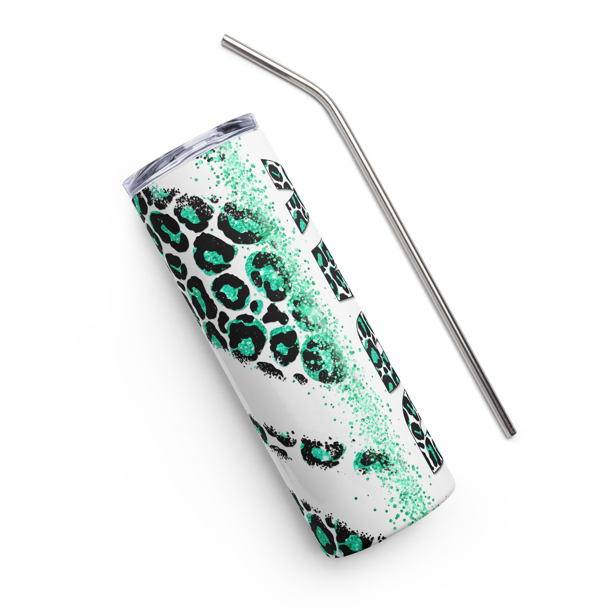 Green Pray Leopard Print Tumbler 20 oz with reusable Stainless Steel Straw Jesus Passion Apparel