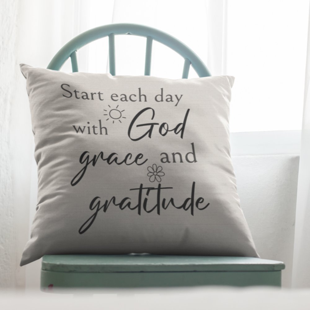 Start Each Day with God, Grace, and Gratitude Script with Natural Linen Design Premium Pillows - Jesus Passion Apparel