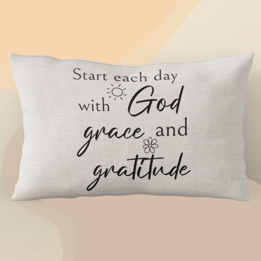 Start Each Day with God, Grace, and Gratitude Script with Natural Linen Design Premium Pillows - Jesus Passion Apparel