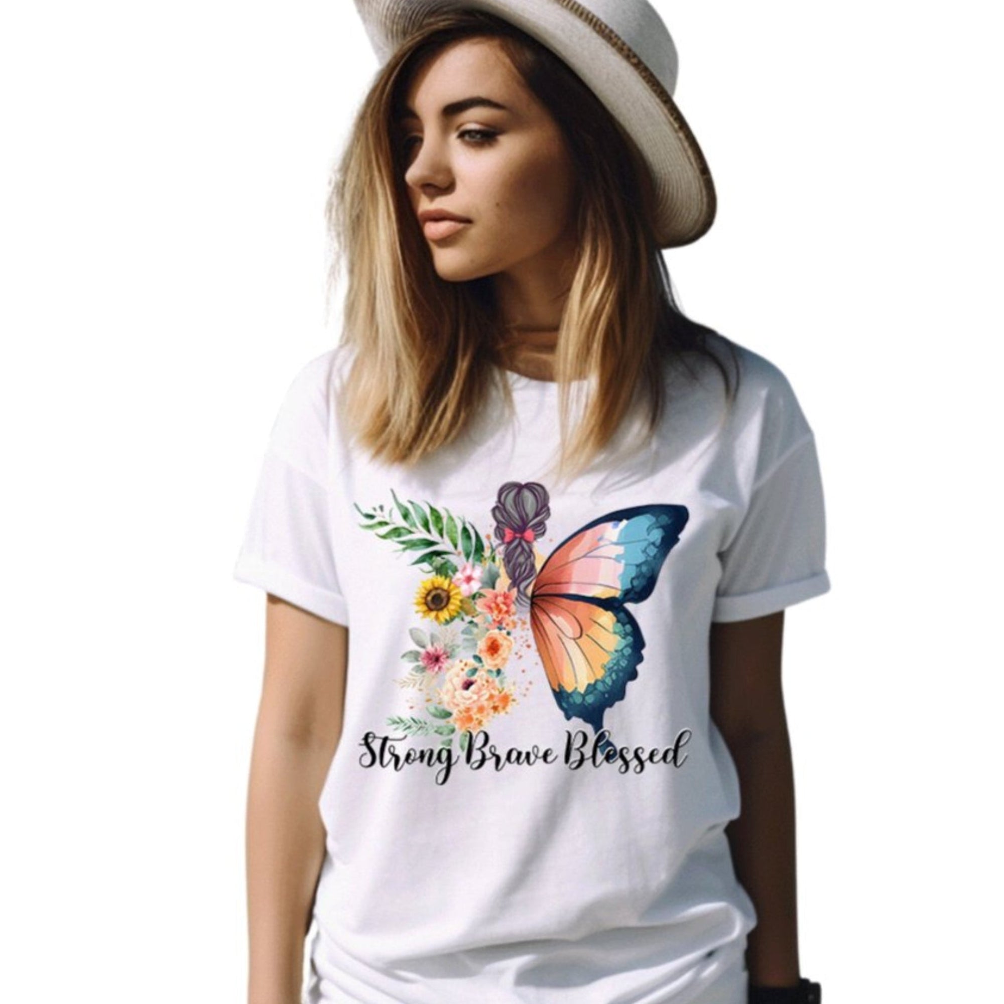 Strong Brave Blessed Butterfly White Jersey Short Sleeve T-Shirt - Jesus Passion Apparel