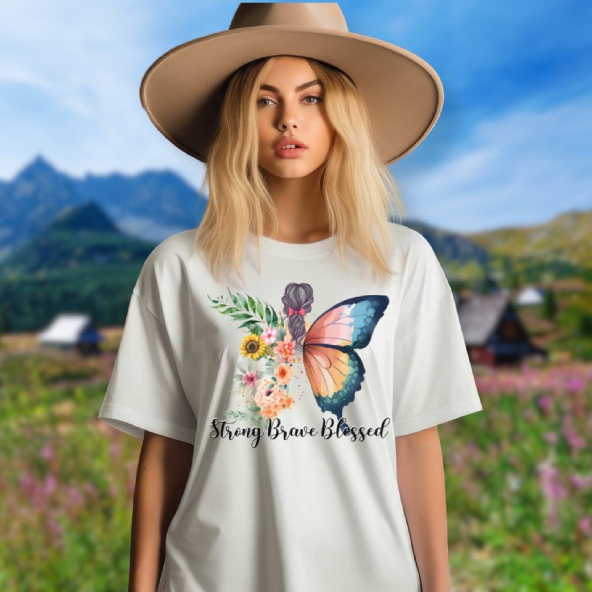 Strong Brave Blessed Butterfly White Jersey Short Sleeve T-Shirt - Jesus Passion Apparel