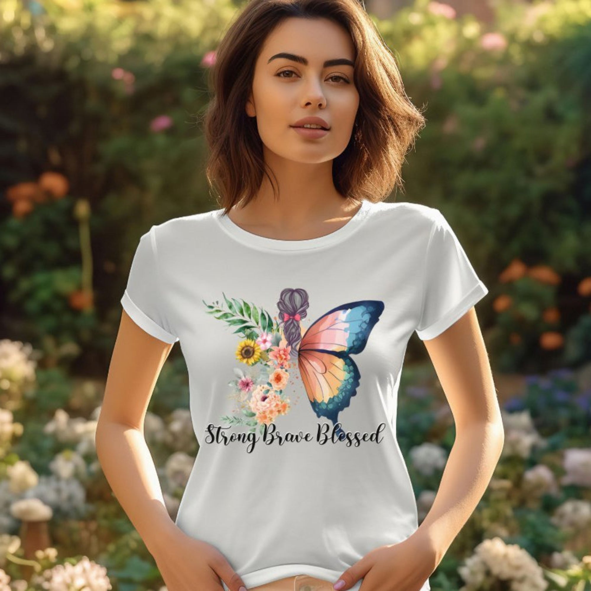 Strong Brave Blessed Butterfly White Jersey Short Sleeve T-Shirt - Jesus Passion Apparel