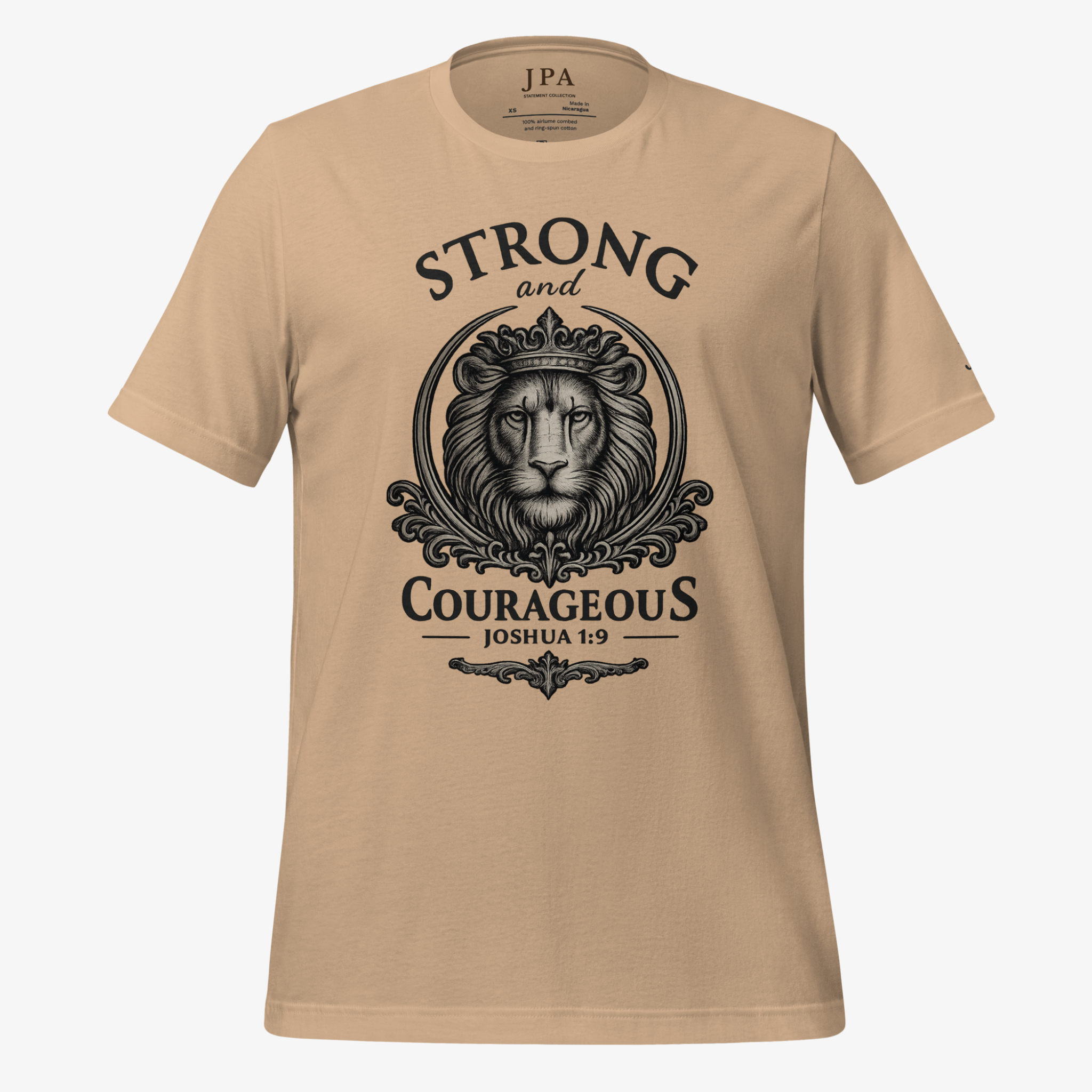 A beige crewneck t-shirt with a black graphic print featuring a lion's head and the words 'STRONG and COURAGEOUS JOSHUA 1:9'.