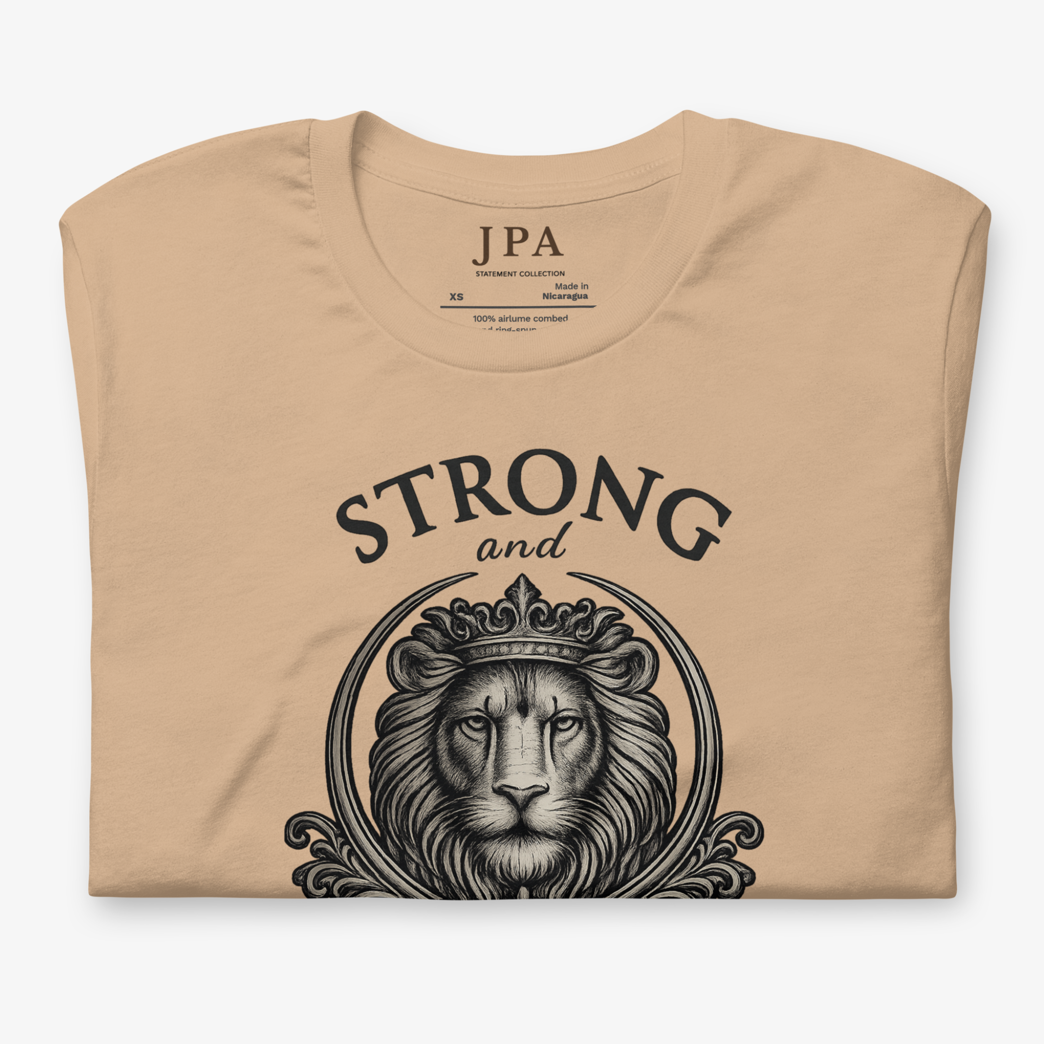 A beige short-sleeve t-shirt with a black graphic print of a lion wearing a crown and the words 'STRONG and' on the front, displayed flat against a light background.