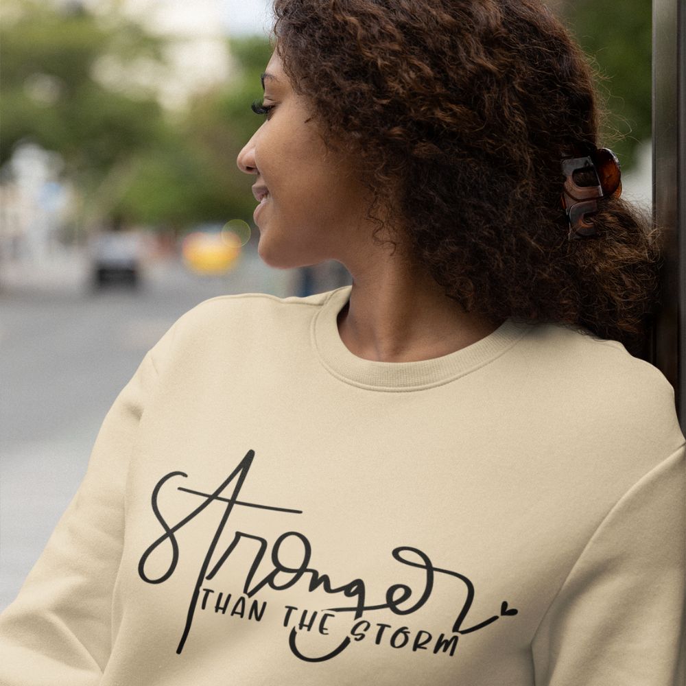 Stronger than the Storm Women's Fleece Unisex - Fit Sweatshirt Sand / White / Sport Grey - Jesus Passion Apparel