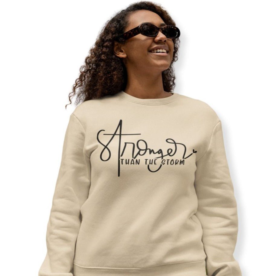 Stronger than the Storm Women's Fleece Unisex - Fit Sweatshirt Sand / White / Sport Grey - Jesus Passion Apparel