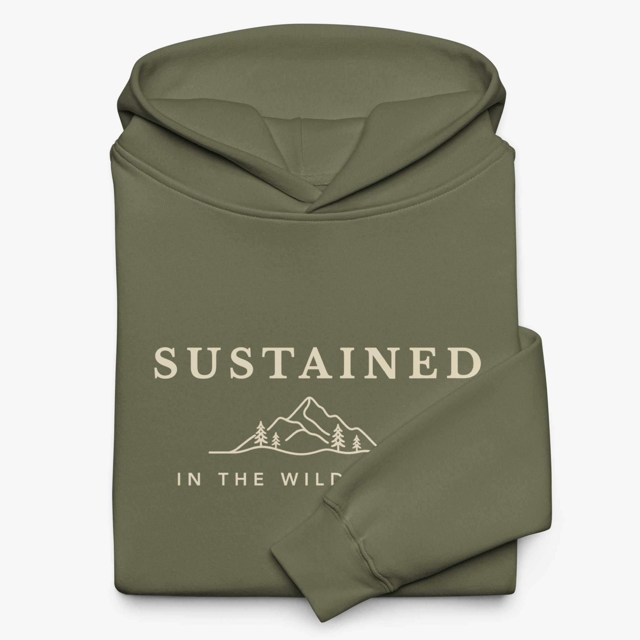 Green hoodie with 'SUSTAINED IN THE WILD' text and mountain design on a white background