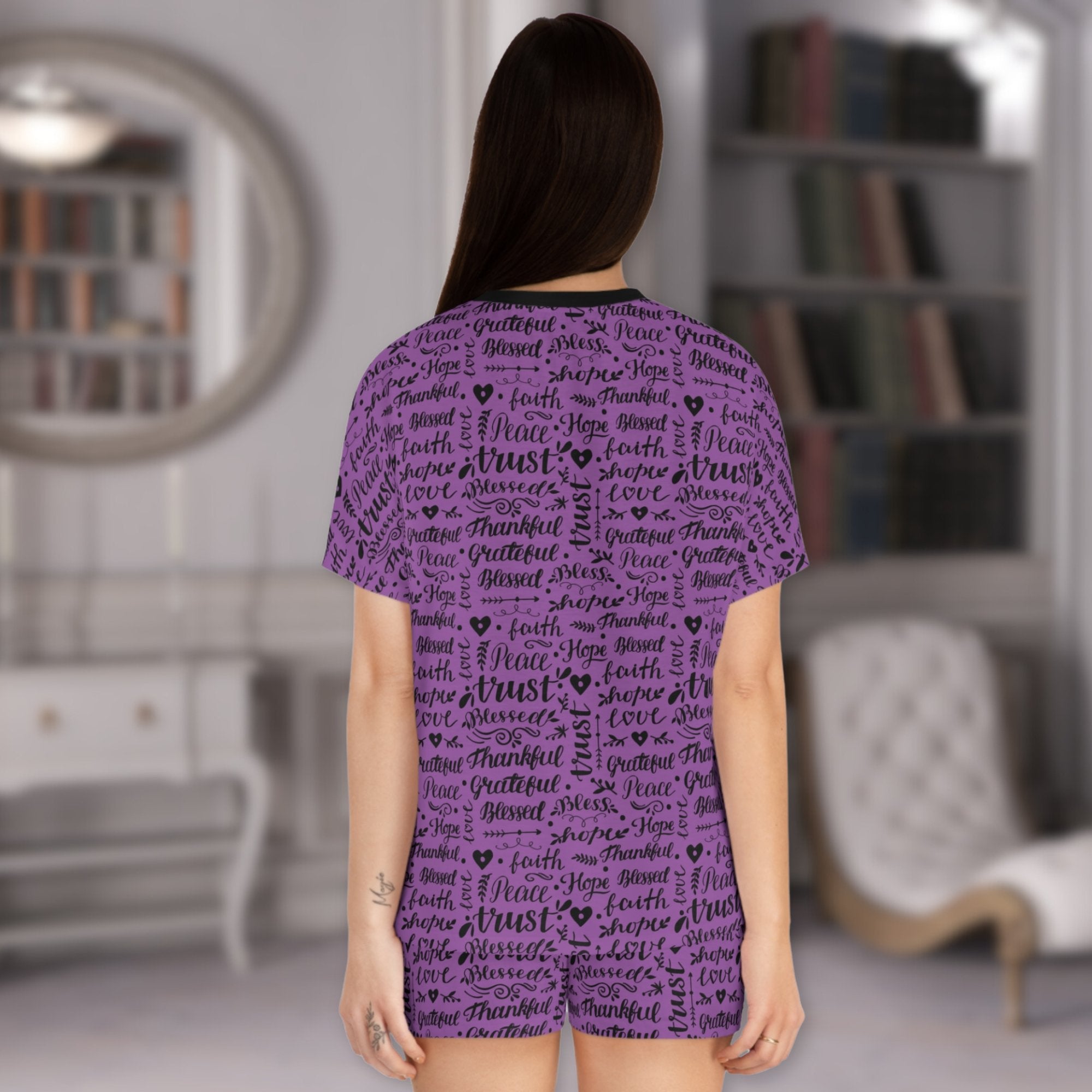 Thankful Grateful Blessed Women's Purple Short Pajama Set - Jesus Passion Apparel