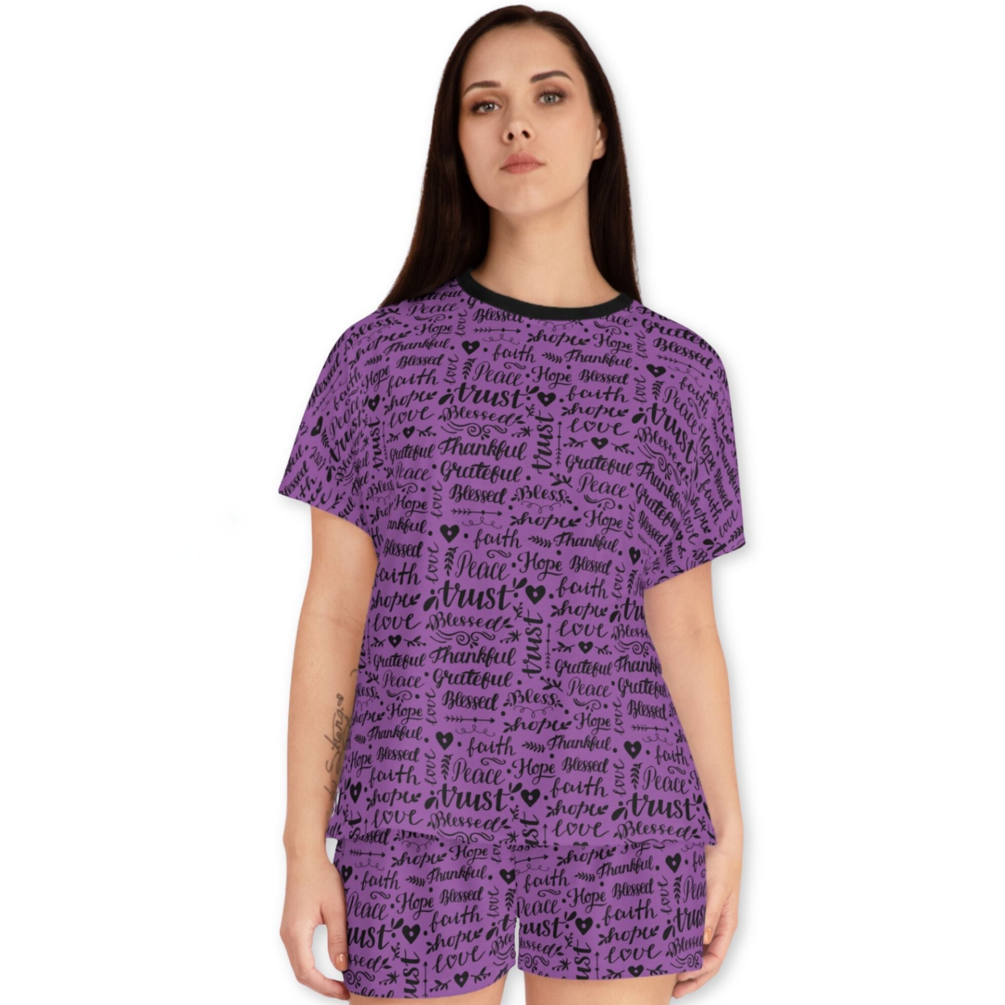 Thankful Grateful Blessed Women's Purple Short Pajama Set - Jesus Passion Apparel