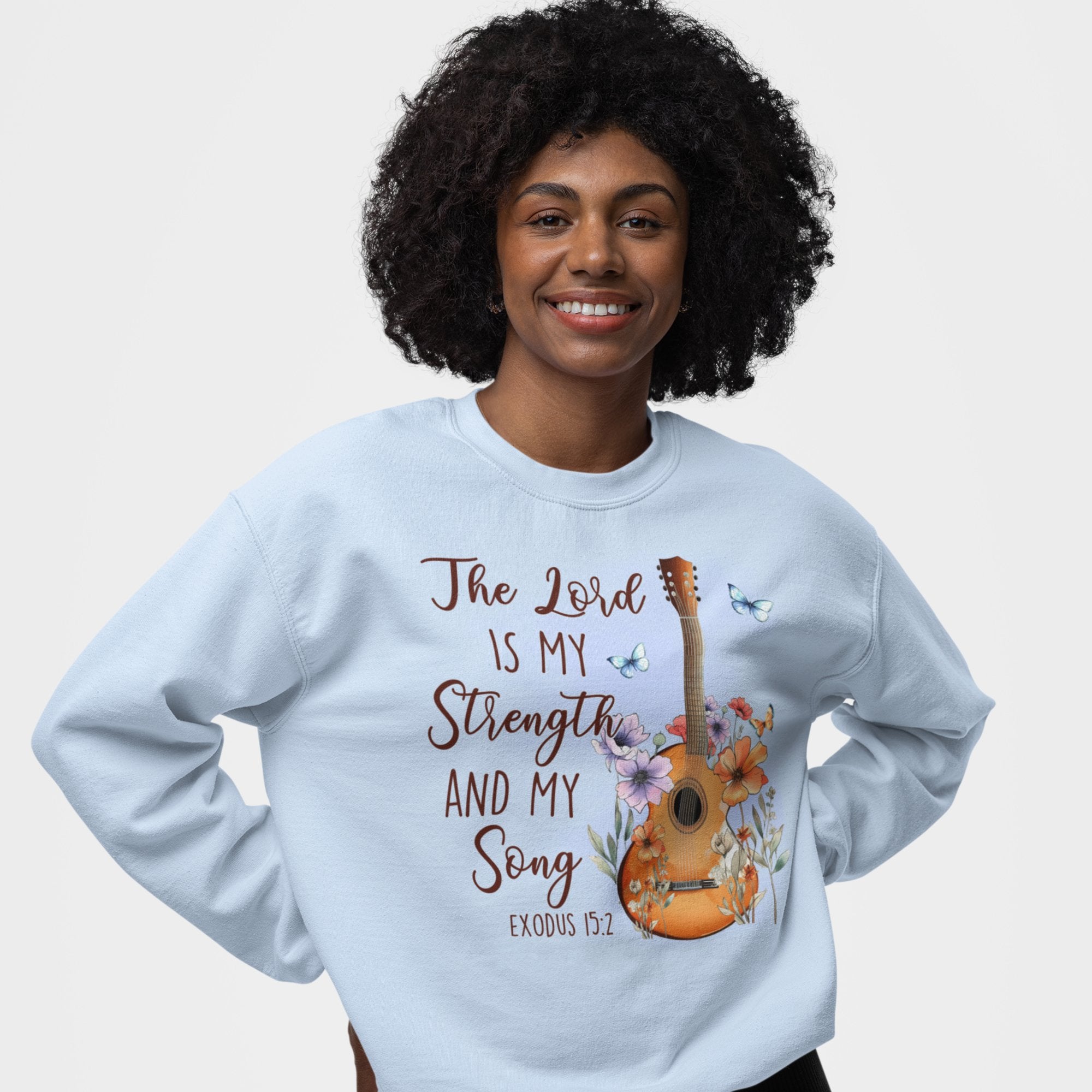 The Lord My Strength and Song Women's Fleece Unisex - Fit Sweatshirt Light Blue / White - Jesus Passion Apparel