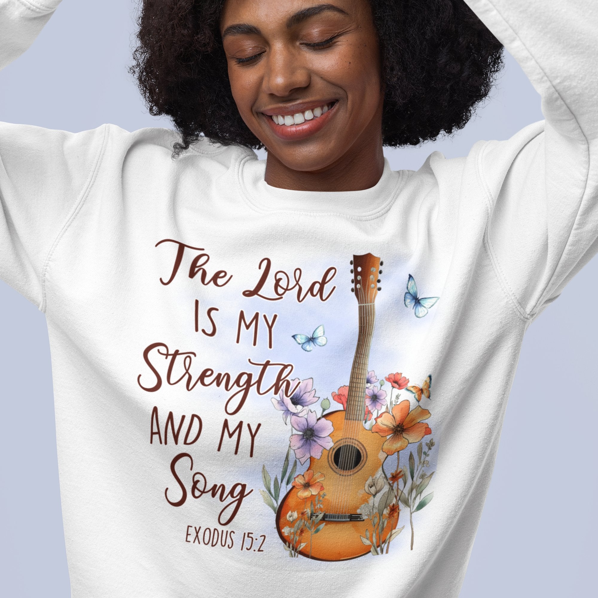 The Lord My Strength and Song Women's Fleece Unisex - Fit Sweatshirt Light Blue / White - Jesus Passion Apparel