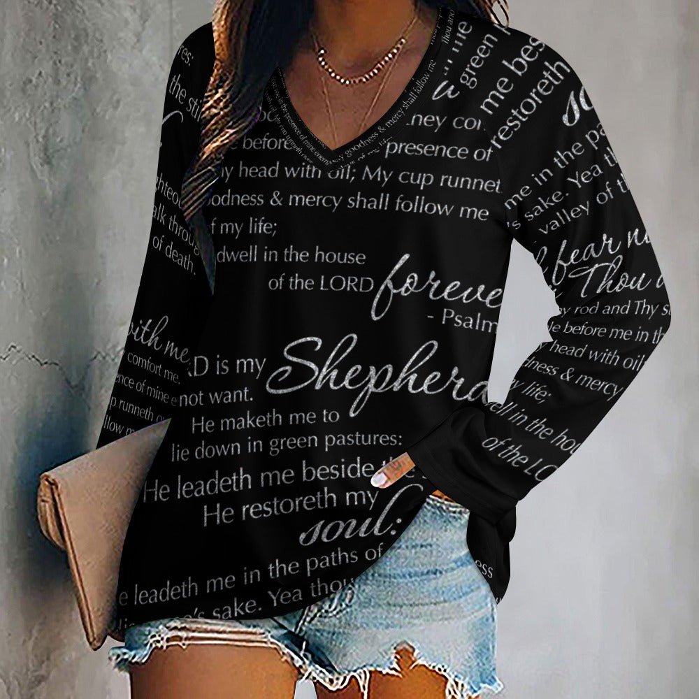 The Lord's Prayer Women's Long Sleeve Loose V - Neck Tee - Black - Jesus Passion Apparel