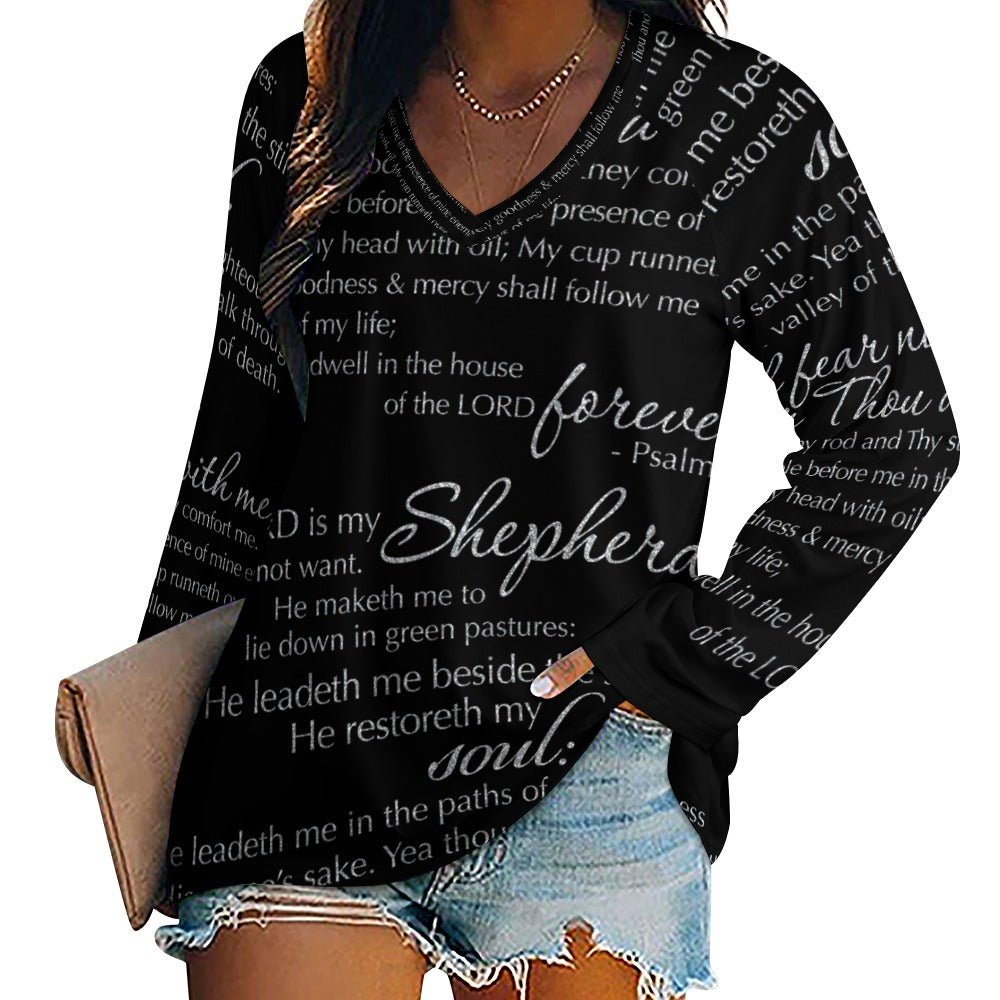 The Lord's Prayer Women's Long Sleeve Loose V - Neck Tee - Black - Jesus Passion Apparel