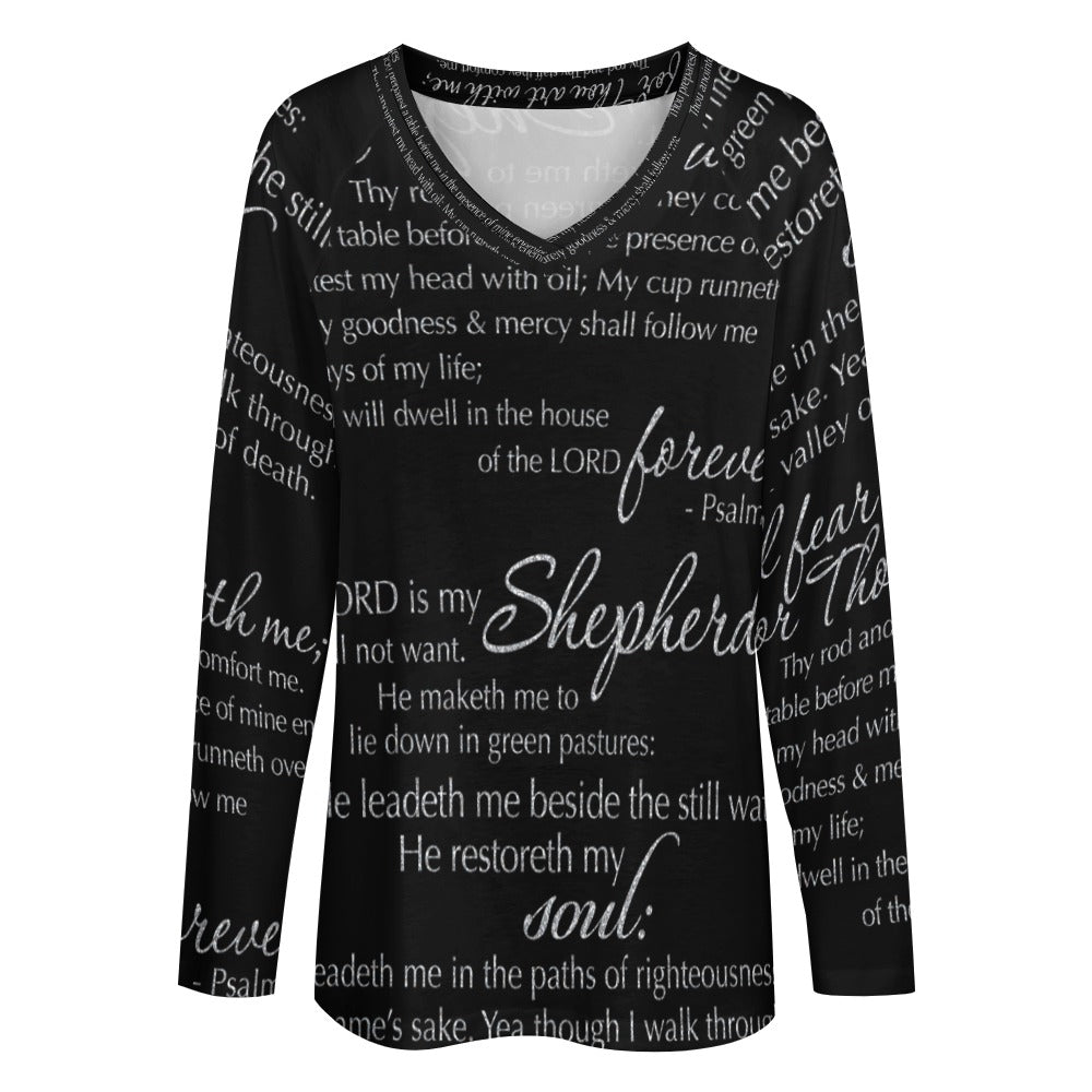 The Lord's Prayer Women's Long Sleeve Loose V - Neck Tee - Black - Jesus Passion Apparel