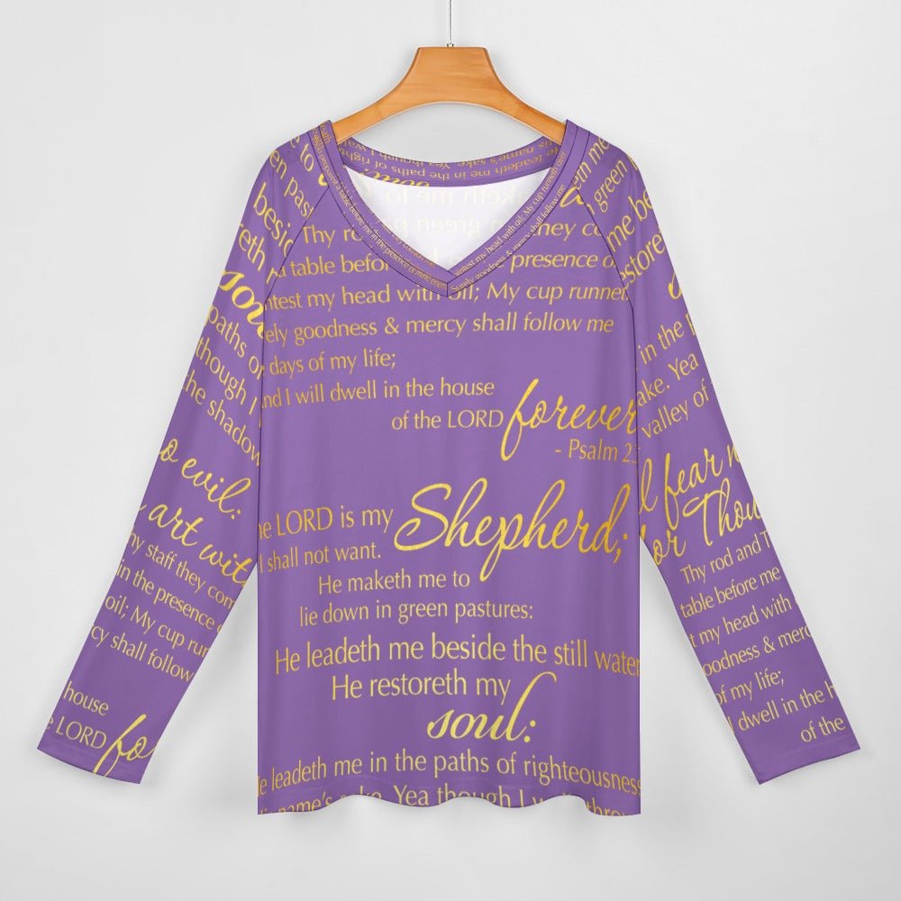 The Lord's Prayer Women's Long Sleeve Loose V - Neck Tee - Purple - Jesus Passion Apparel