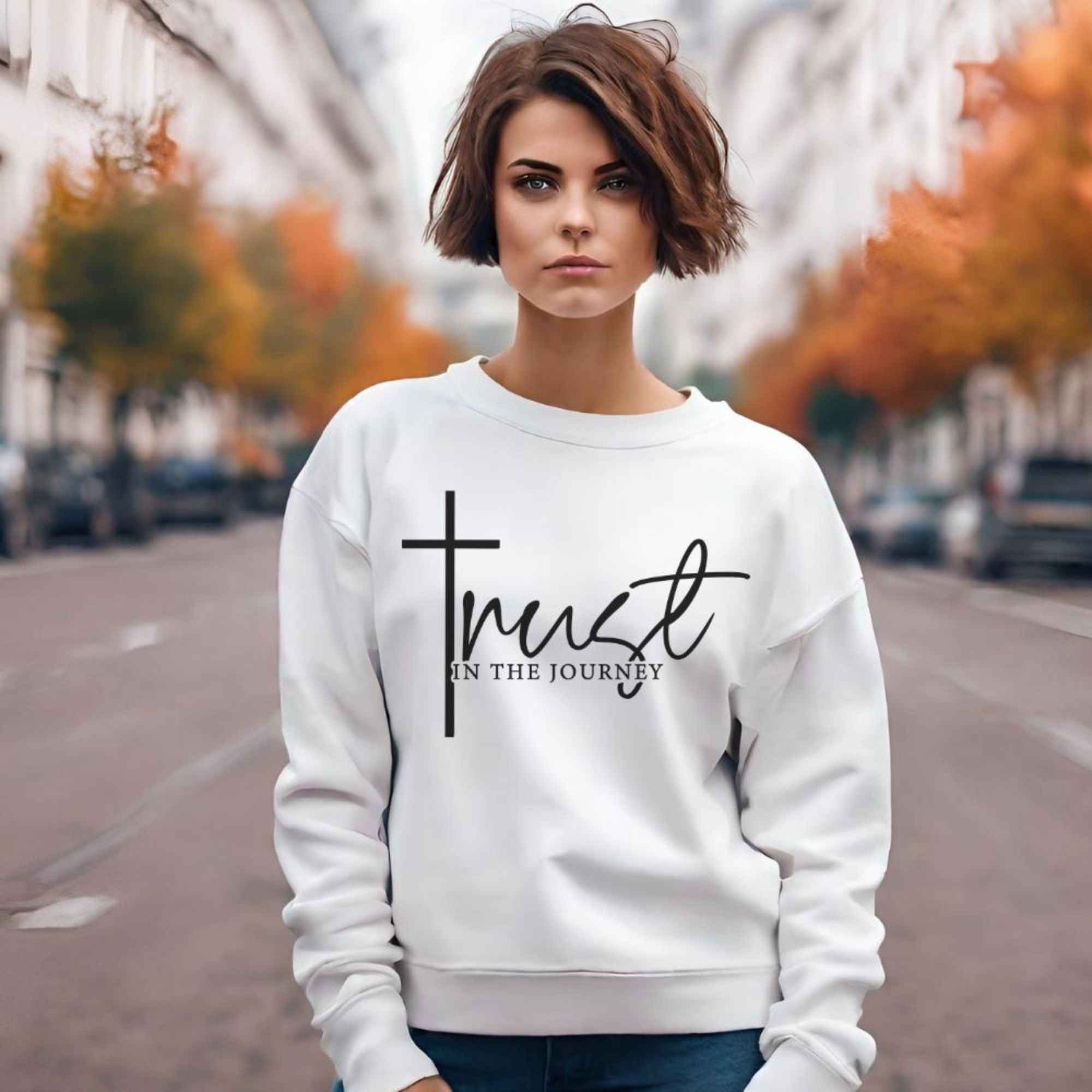 Trust in the Journey Women's Fleece Unisex - Fit Sweatshirt White / Sport Grey - Jesus Passion Apparel