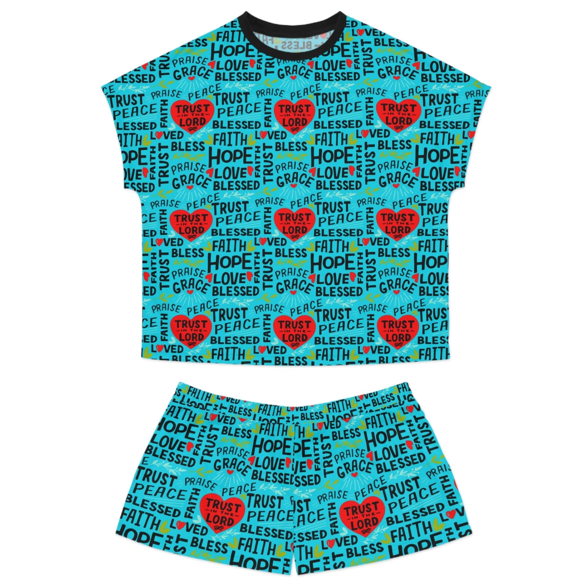 Trust in the Lord Women's Ocean Blue Short Pajama Set - Matching Lounge / Pajama Pants and Indoor Slippers Available - Jesus Passion Apparel