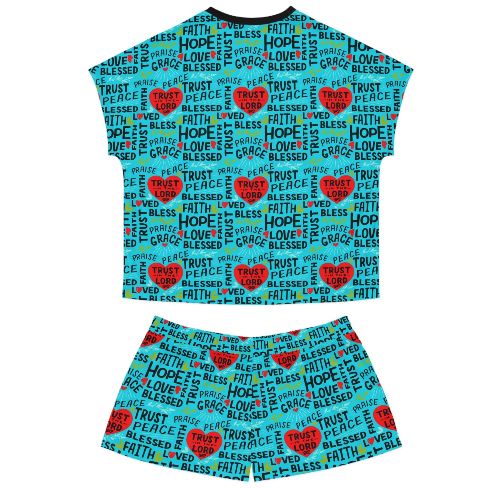 Trust in the Lord Women's Ocean Blue Short Pajama Set - Matching Lounge / Pajama Pants and Indoor Slippers Available - Jesus Passion Apparel