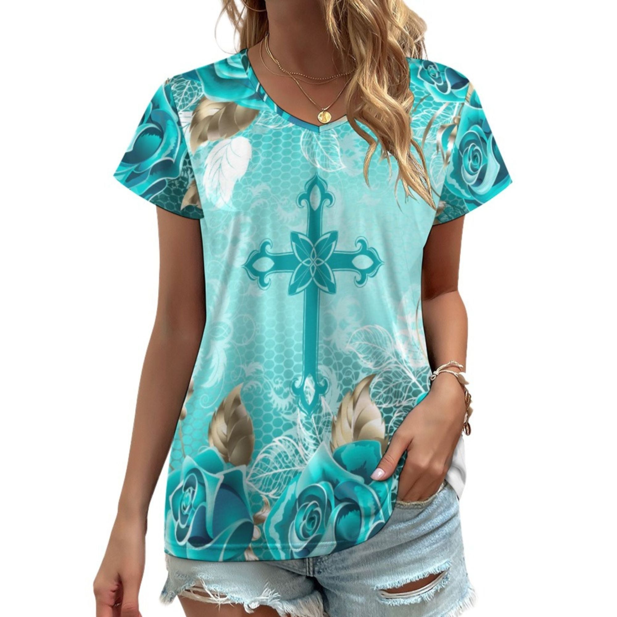 Turquoise Cross and Roses V - Neck Short Sleeve Blouse - Jesus Passion Apparel