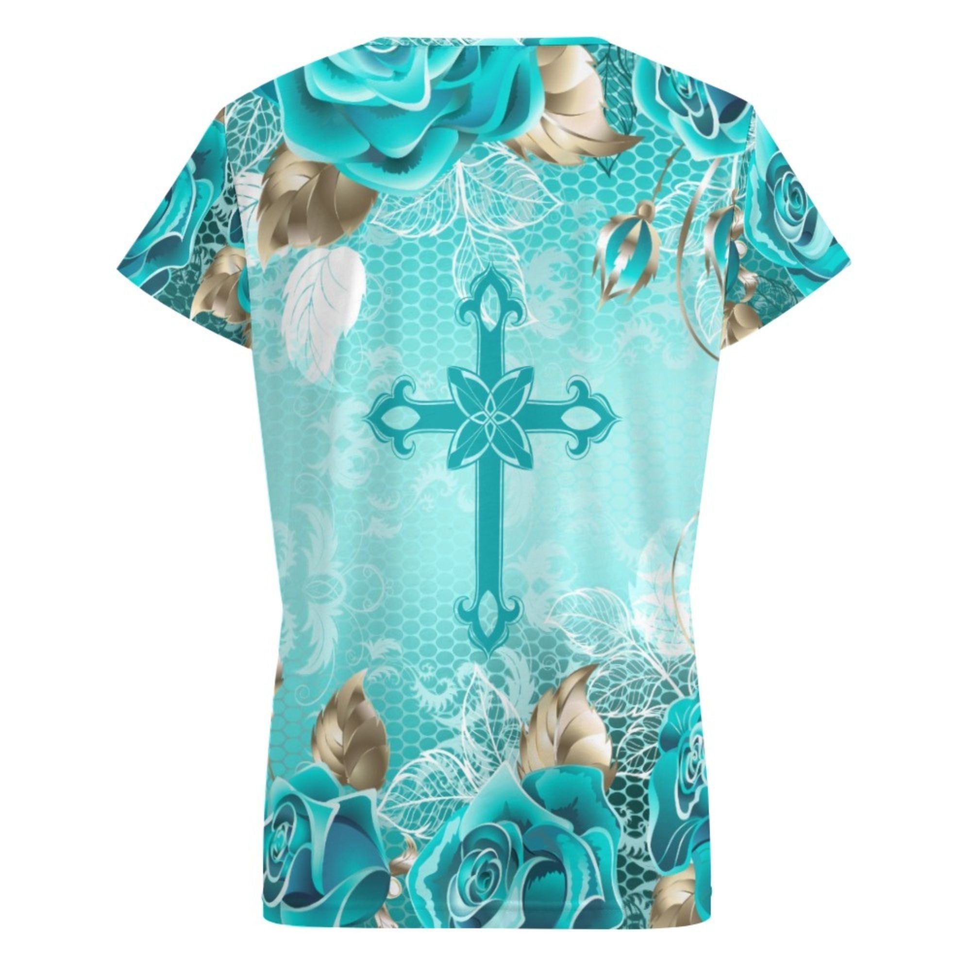 Turquoise Cross and Roses V - Neck Short Sleeve Blouse - Jesus Passion Apparel