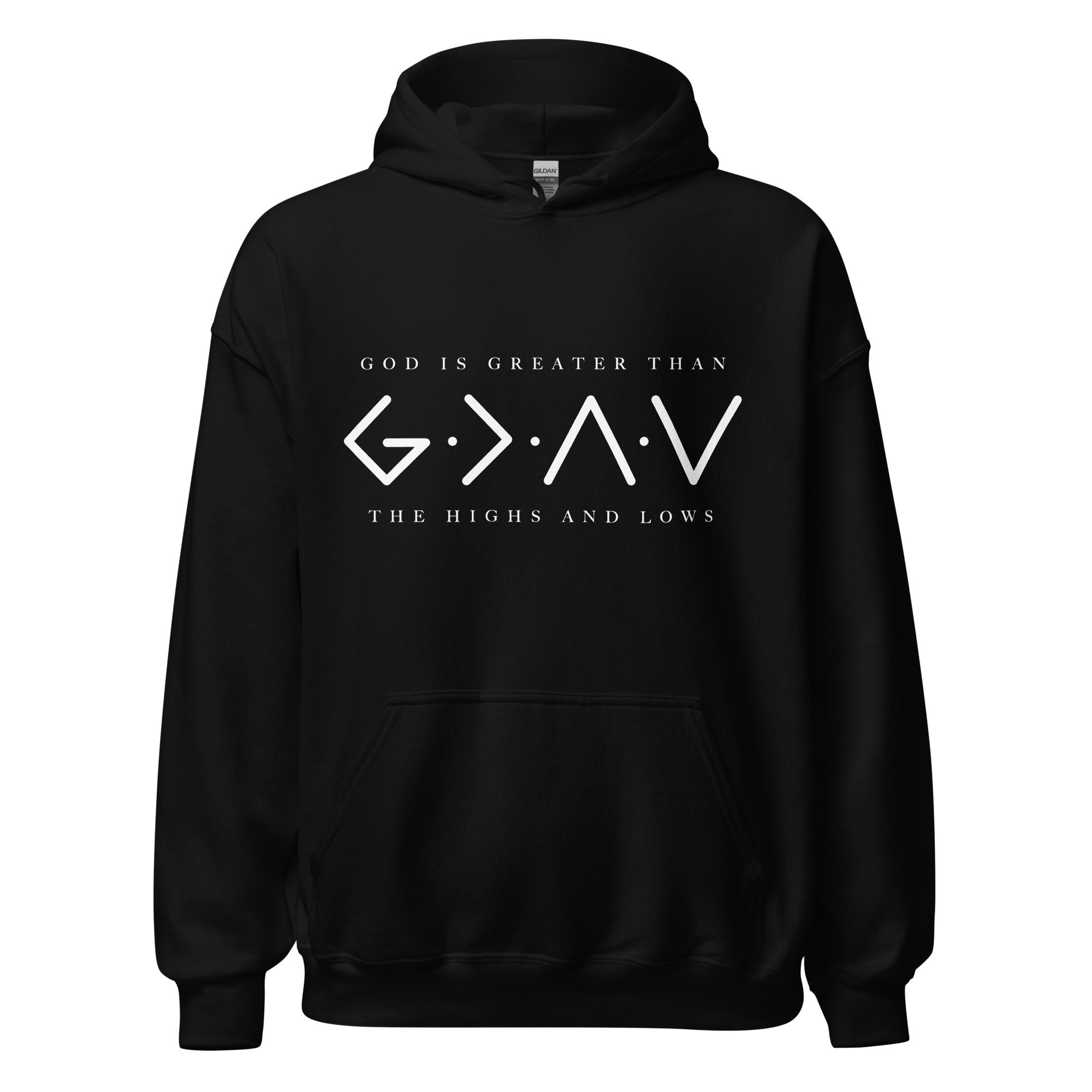 God is Greater Than Highs and Lows Men's Heavy Blend™ Hoodie Color: Black Size: S Jesus Passion Apparel