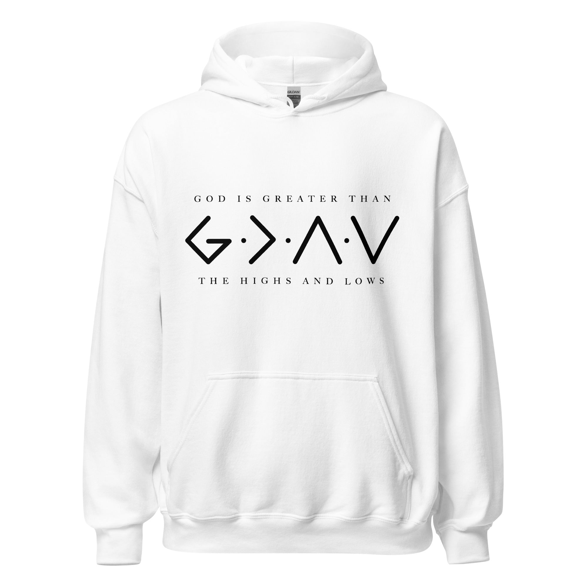 God is Greater Than Highs and Lows Men's Heavy Blend™ Hoodie Color: White Size: S Jesus Passion Apparel