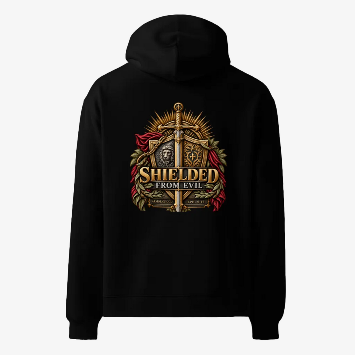 A black pullover hoodie shown from the back, featuring a large graphic print with a sword, shield, laurel wreath, and the text 'SHIELDED FROM EVIL' in gold, red, and white tones.