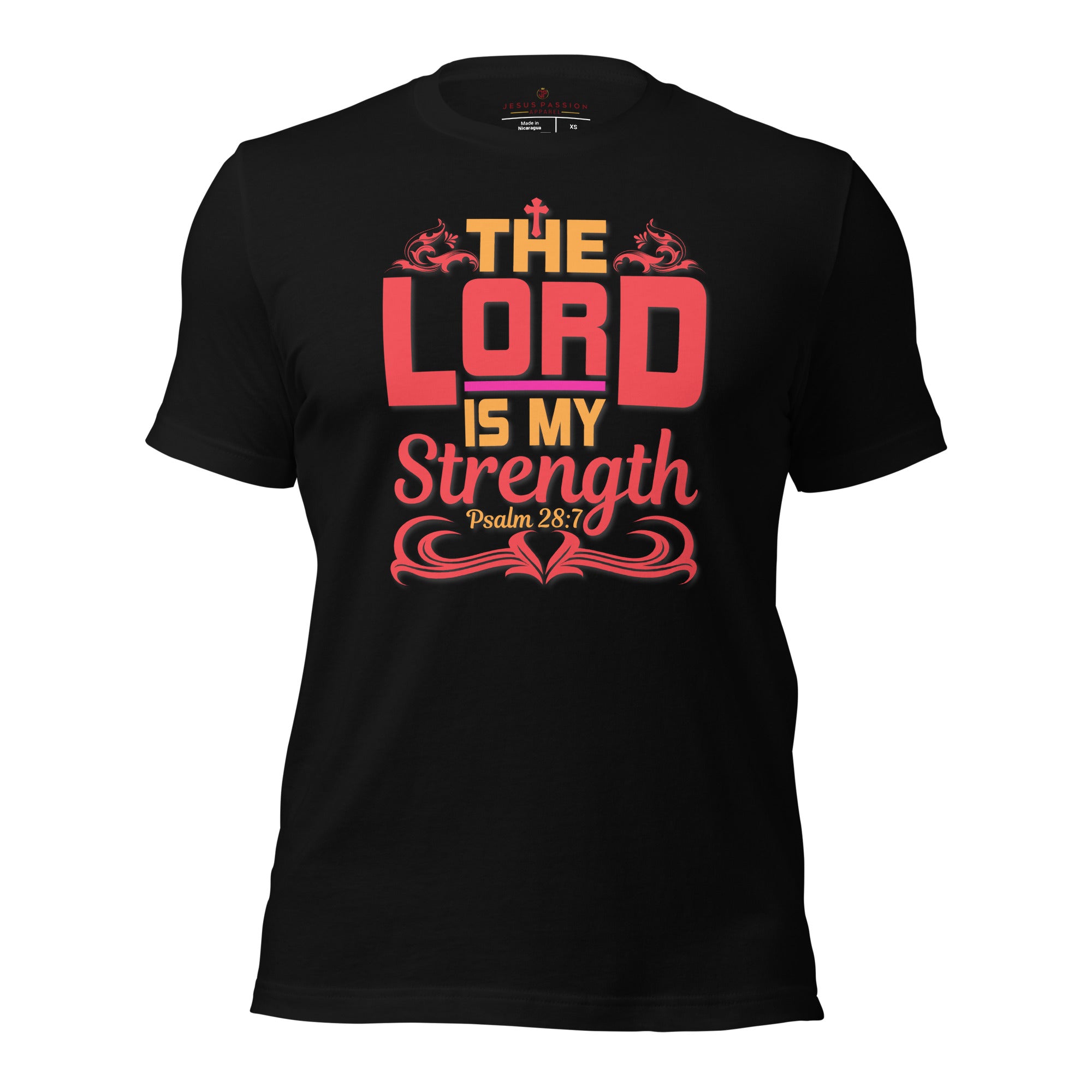 The Lord is My Strength Jersey Short Sleeve T-Shirt Color: Black Size: XS Jesus Passion Apparel