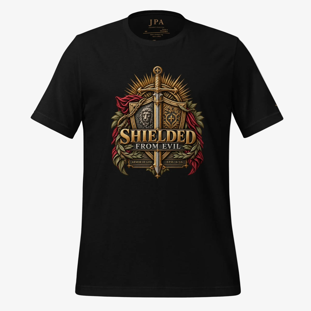 A black short-sleeve crewneck t-shirt featuring a large graphic print on the front. The graphic depicts a golden sword piercing a shield, surrounded by red and green laurel wreaths, with the text 'SHIELDED FROM EVIL' in gold.