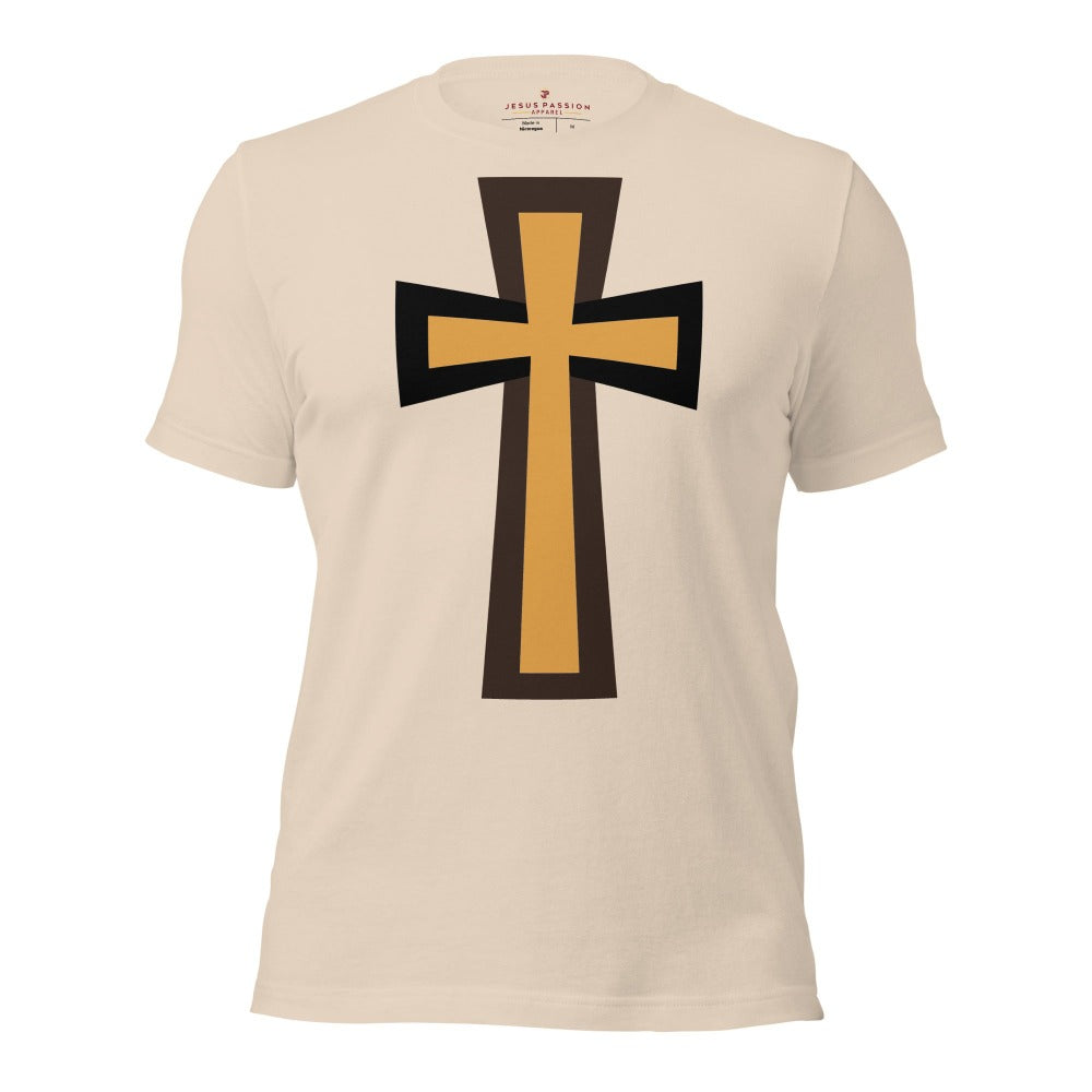 Bold Brown Cross Jersey Short Sleeve T-Shirt Color: Soft Cream Size: XS Jesus Passion Apparel