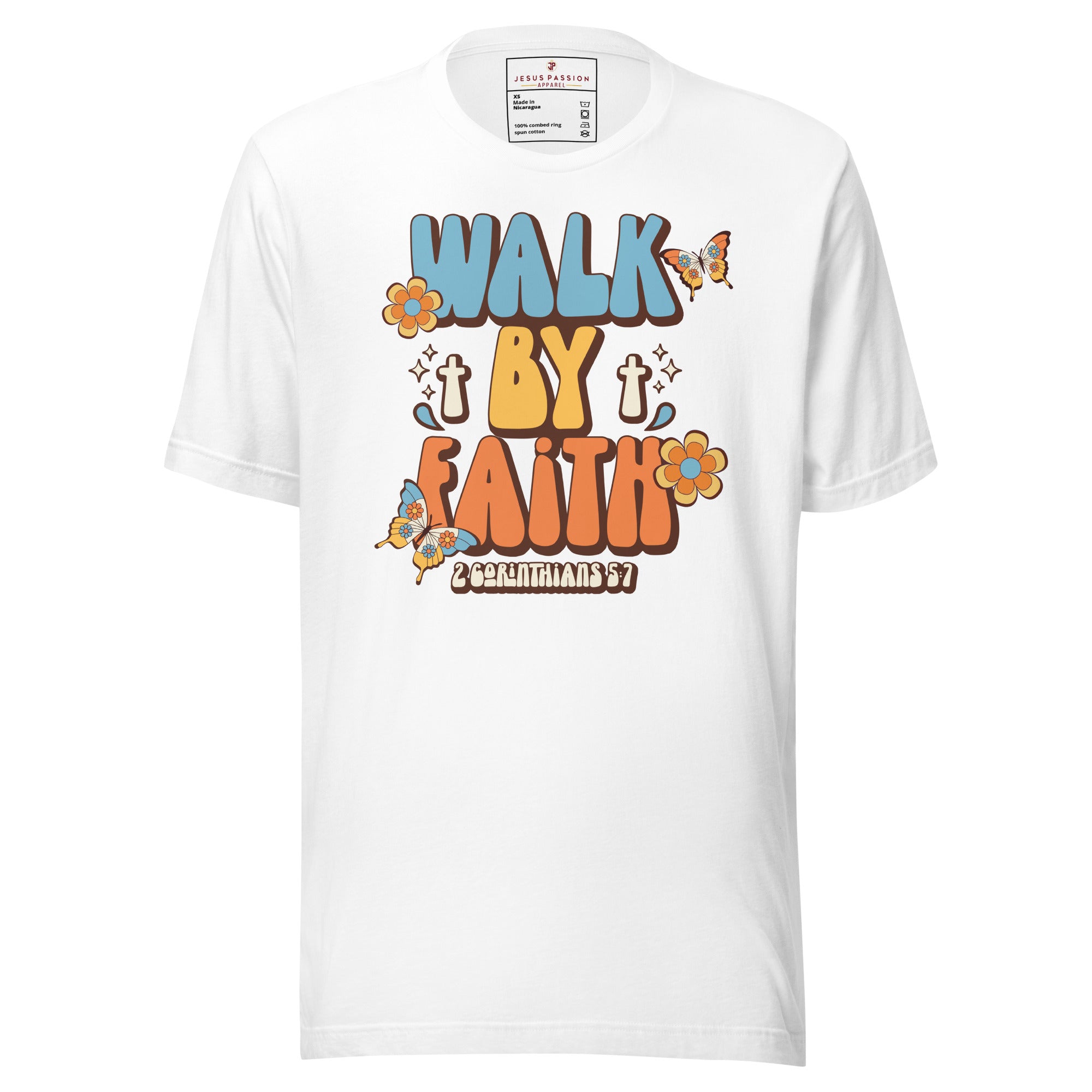 Walk By Faith Retro Unisex Fit T-Shirt Color: White Size: XS Jesus Passion Apparel